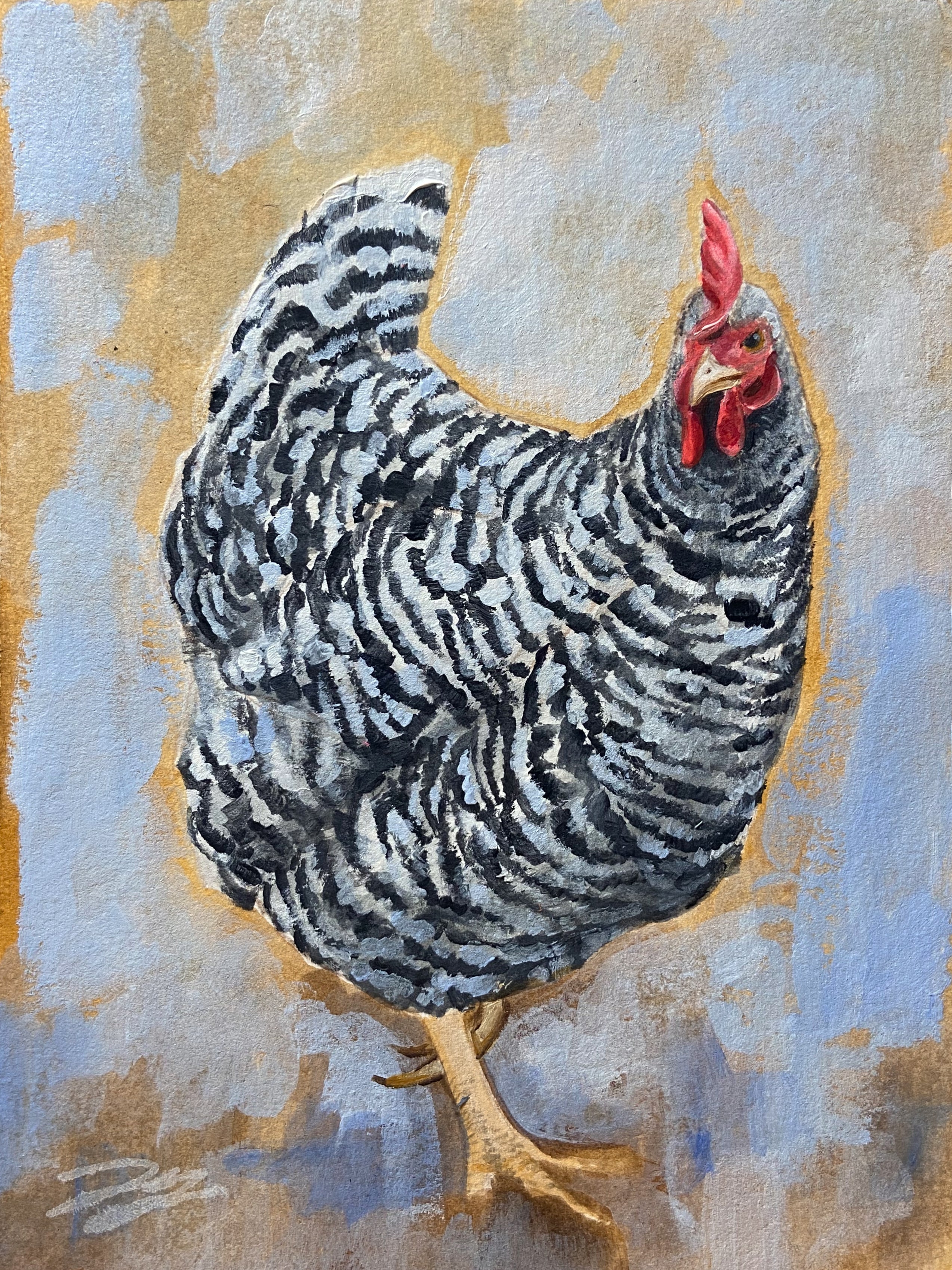 A black and white striped chicken, toned slightly blue, over an abstract pale blue and orange background.