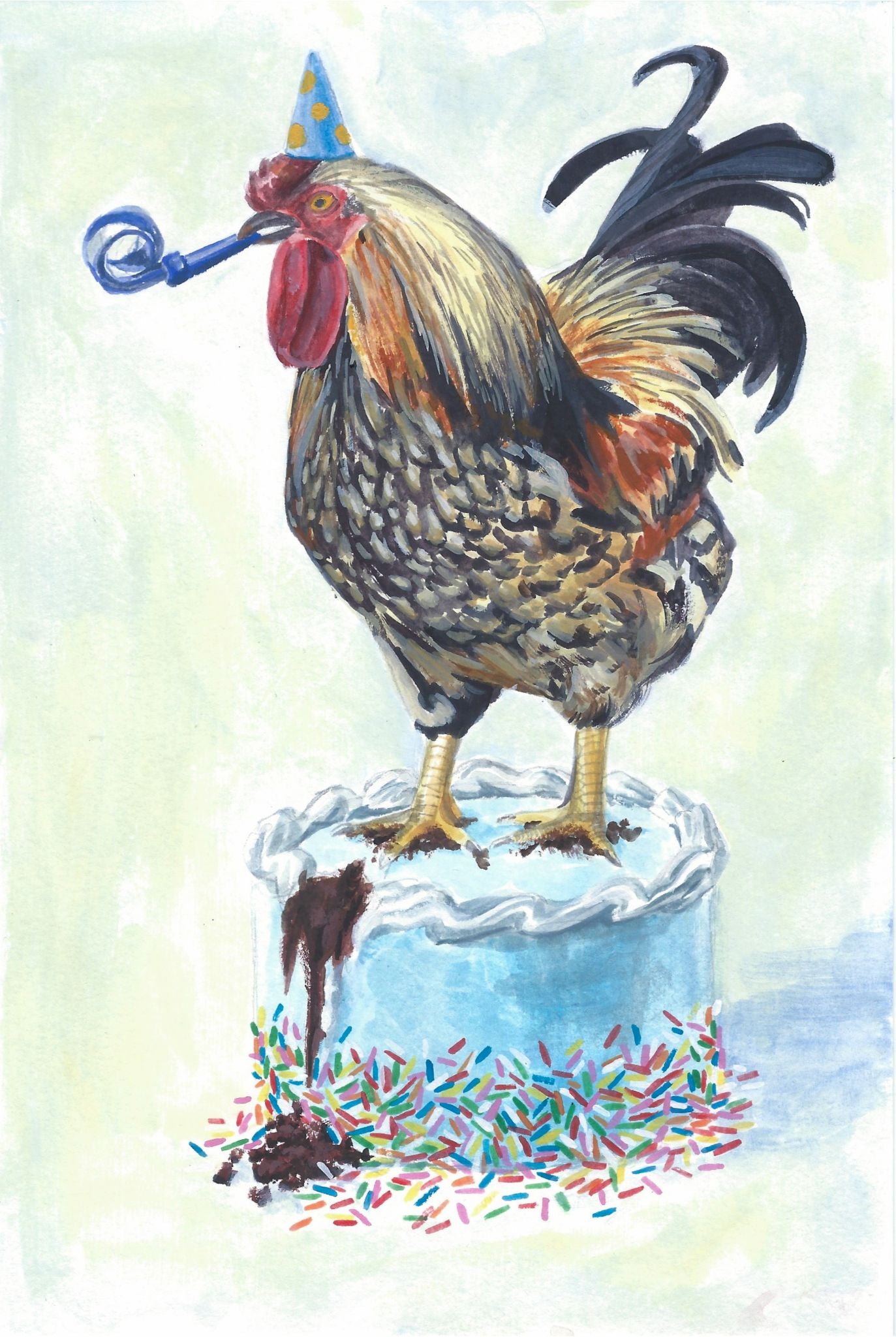 A colorful rooster stands atop a blue birthday cake with rainbow sprinkles. He has a blue noisemaker in his beak and a spotted party hat. 