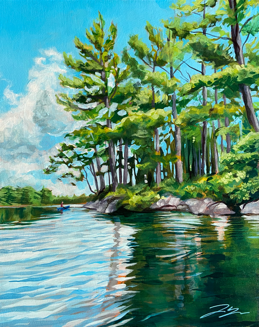 A painterly, realistic piece of artwork depicting the surface of a lake, leading up to land with trees and a bright blue sky. The water is reflective and calm. A kayaker paddles in the distance, giving the painting its title. 