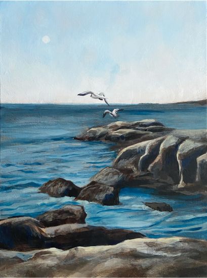 A vertically oriented acrylic painting of gray rocks in blue water. Two seagulls fly above them at the horizon line. 