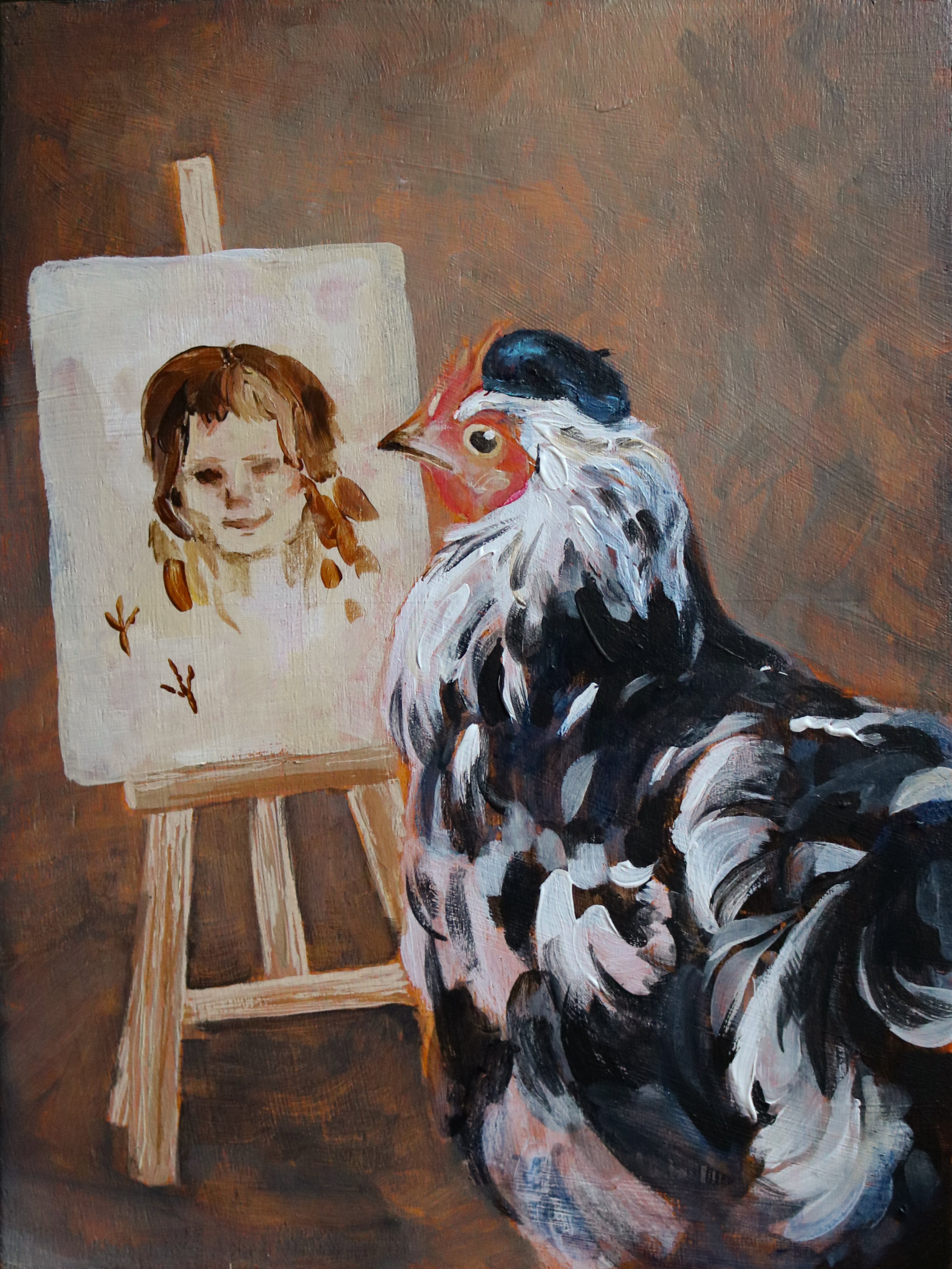 "Cawblo Peckasso", an acrylic painting by Jackie Hanson, depicting a black-and-white chicken wearing a beret in front of an easel. The easel has a canvas with a primitive portrait of a woman in the center.
