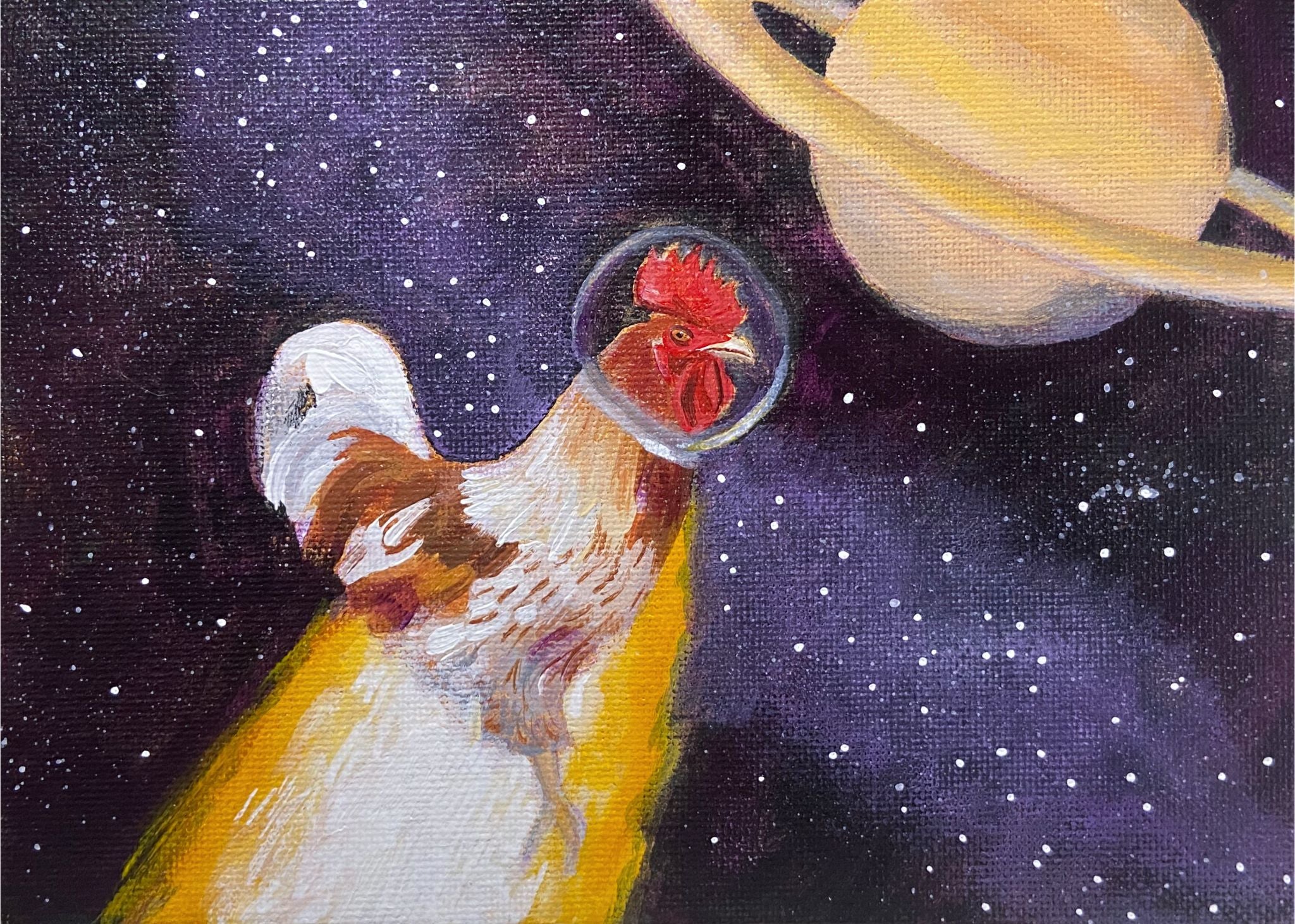 A painting of a tan and white rooster with a bubble space helmet on, floating in the night sky. There's a trail of fire coming from his rear and Saturn at the top right of the image.
