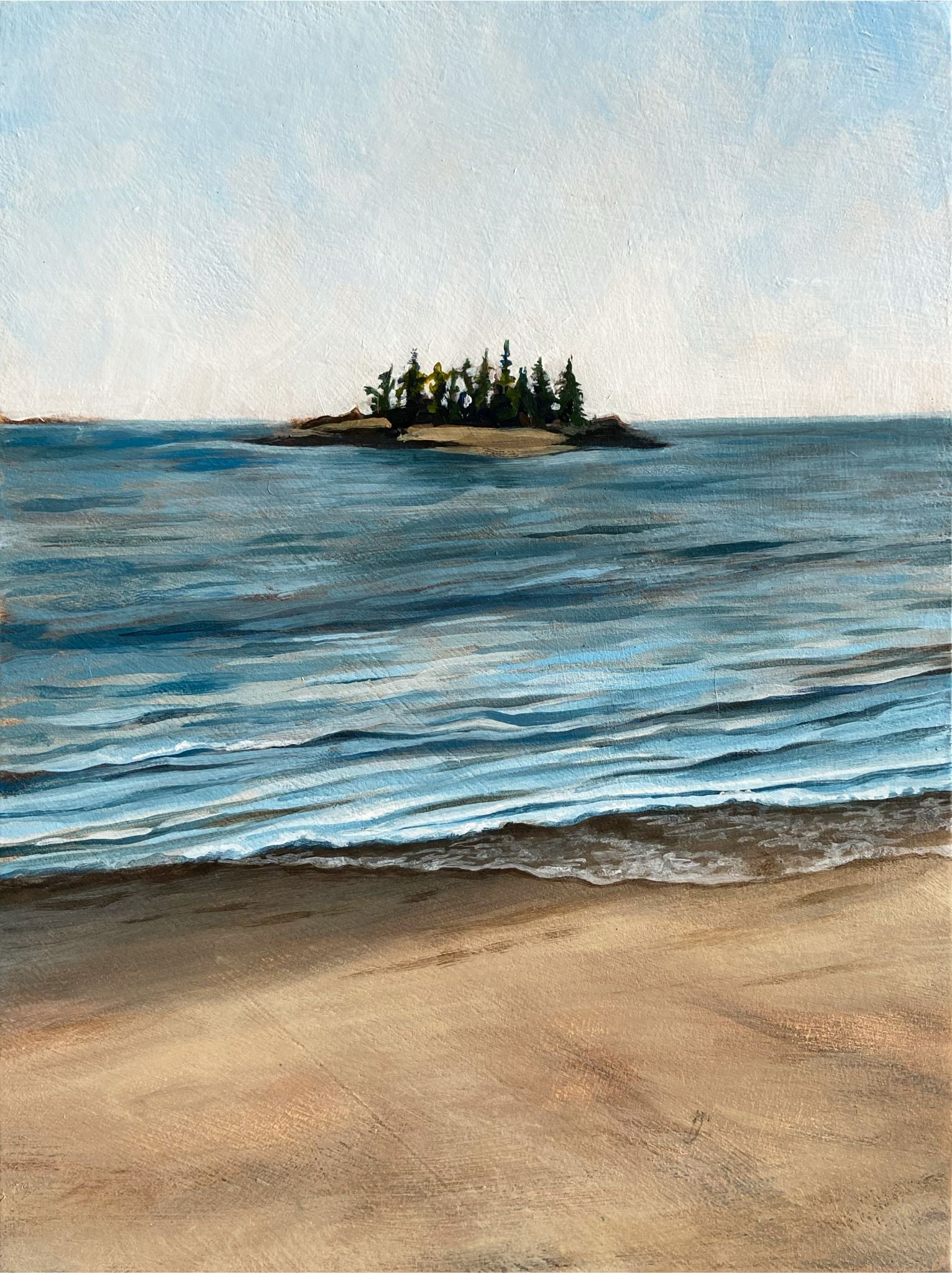 A vertically oriented acrylic landscape painting showing a beach view with a distant wooded island. The artwork is composed in three equal, horizontal stripes: a pale sky at the top, gray-blue waves in the middle, and texture-rich sand at bottom. 
