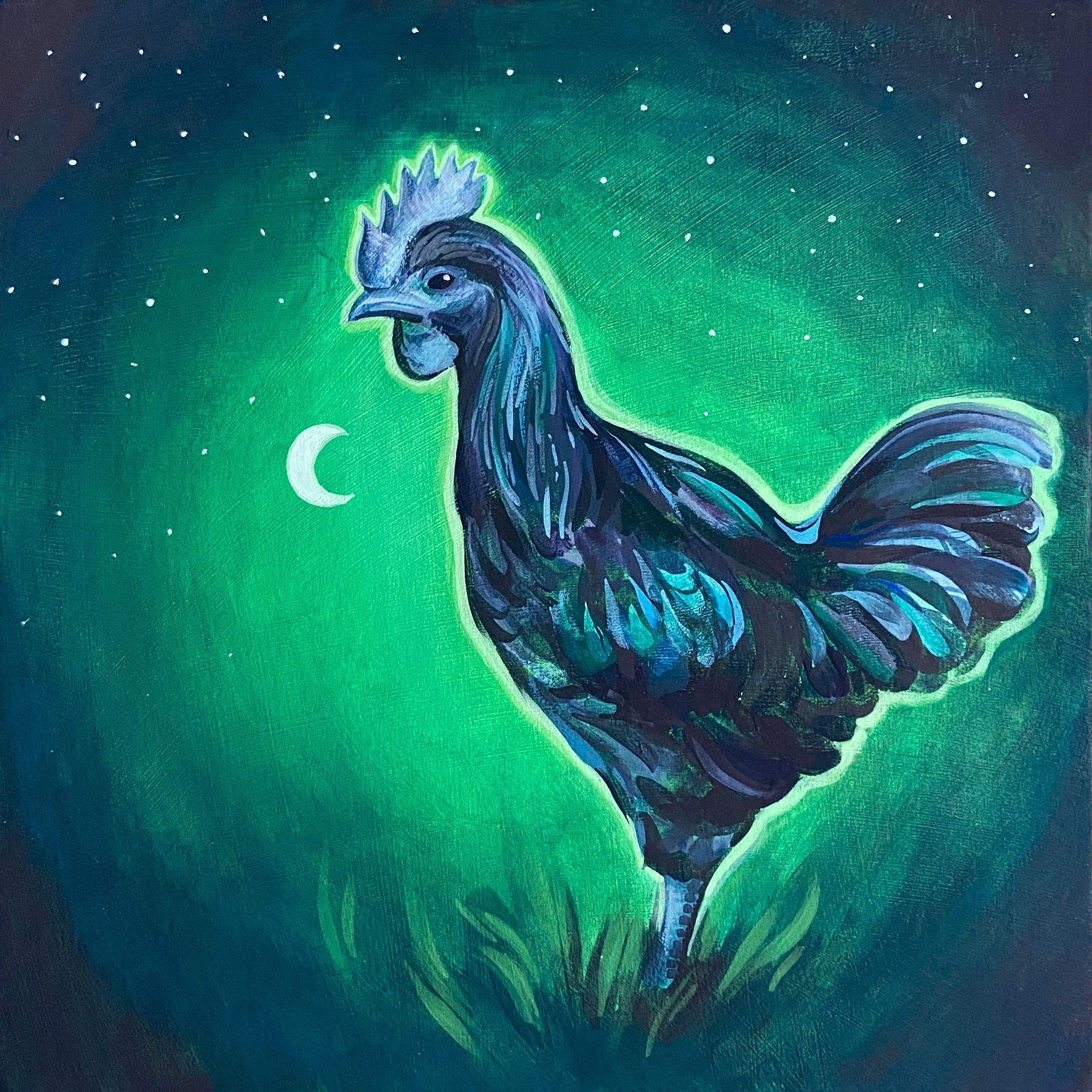 An eerie green and black painting of a dark-colored rooster.