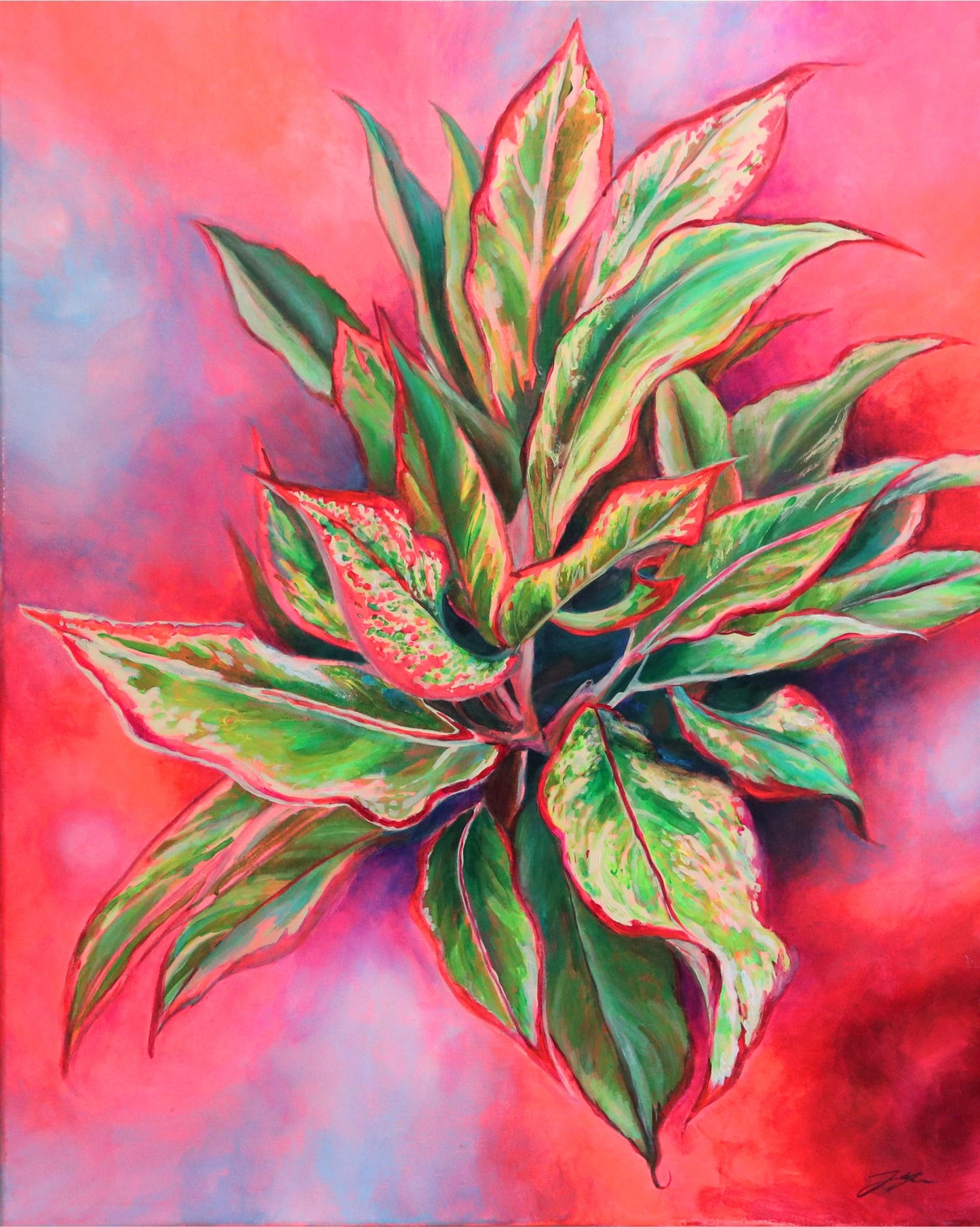 Acrylic painting "Emergence" by artist Jackie Hanson. A leafy red-and-green Chinese Evergreen plant is in the center of the canvas, with vibrant pink used throughout the painting and comprising the background. 