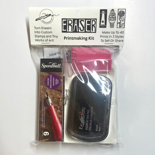 An eraser printmaking kit on a white background, which includes a linocut carving tool, black ink pad, three erasers, and more on a white background.
