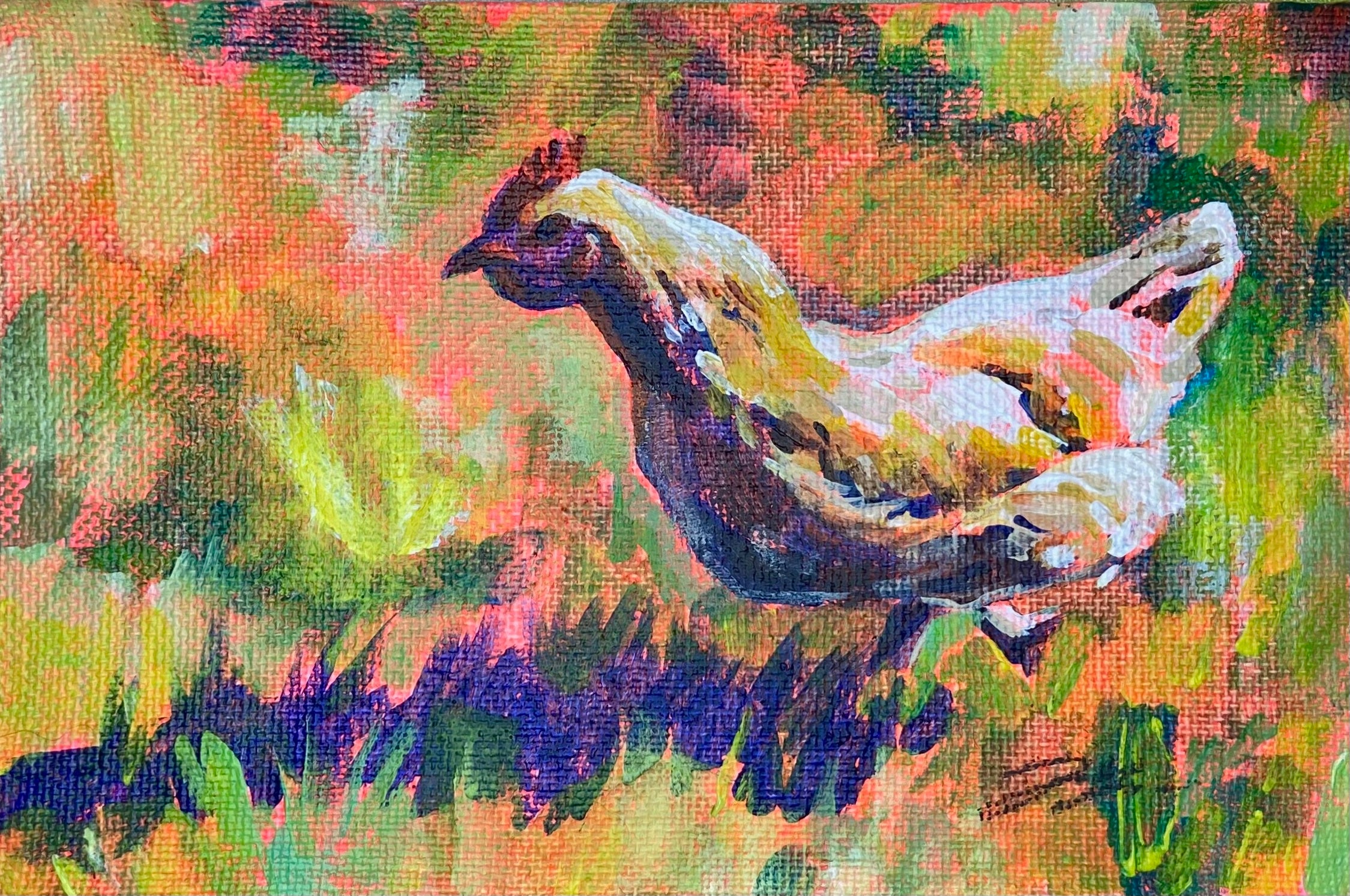 A vibrant painting of an orange chicken surrounded by abstract, grass-like marks. The painting has a distinct pink tone and deep blue shadows, with visible canvas texture.