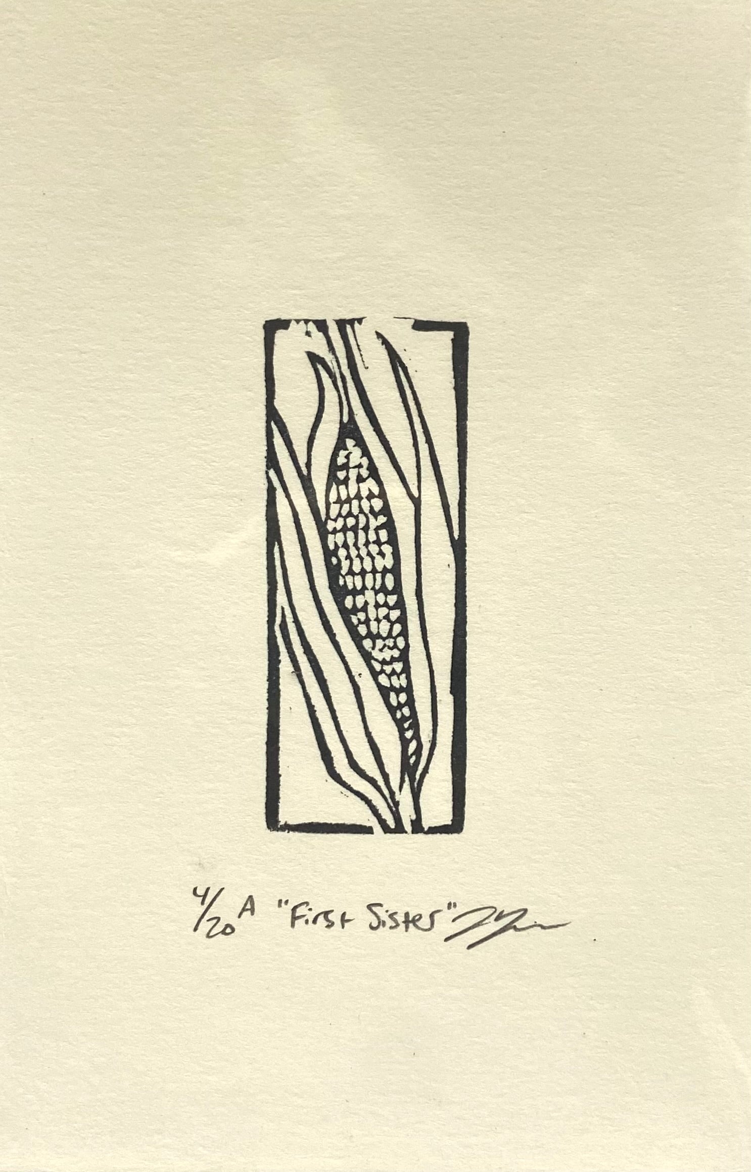 A rectangular black-and-white print of an ear of corn, enclosed at the edges by a thin line border.  The print is made by hand using a carved eraser and is numbered, titled and signed.