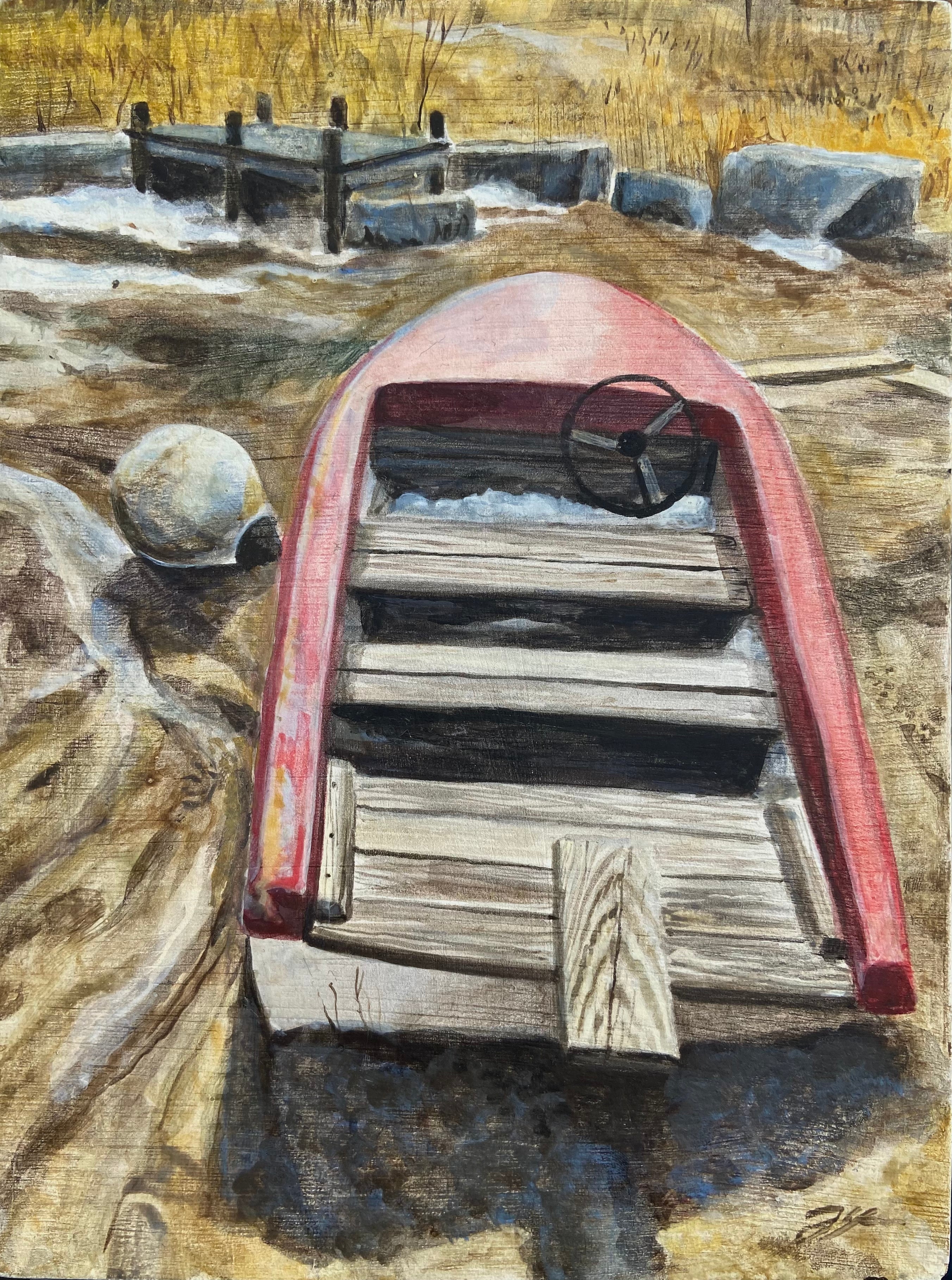 A realistic painting of a beached and weathered rowboat. In the background is dry grass, rocks, a small pier and snow among the sand. 