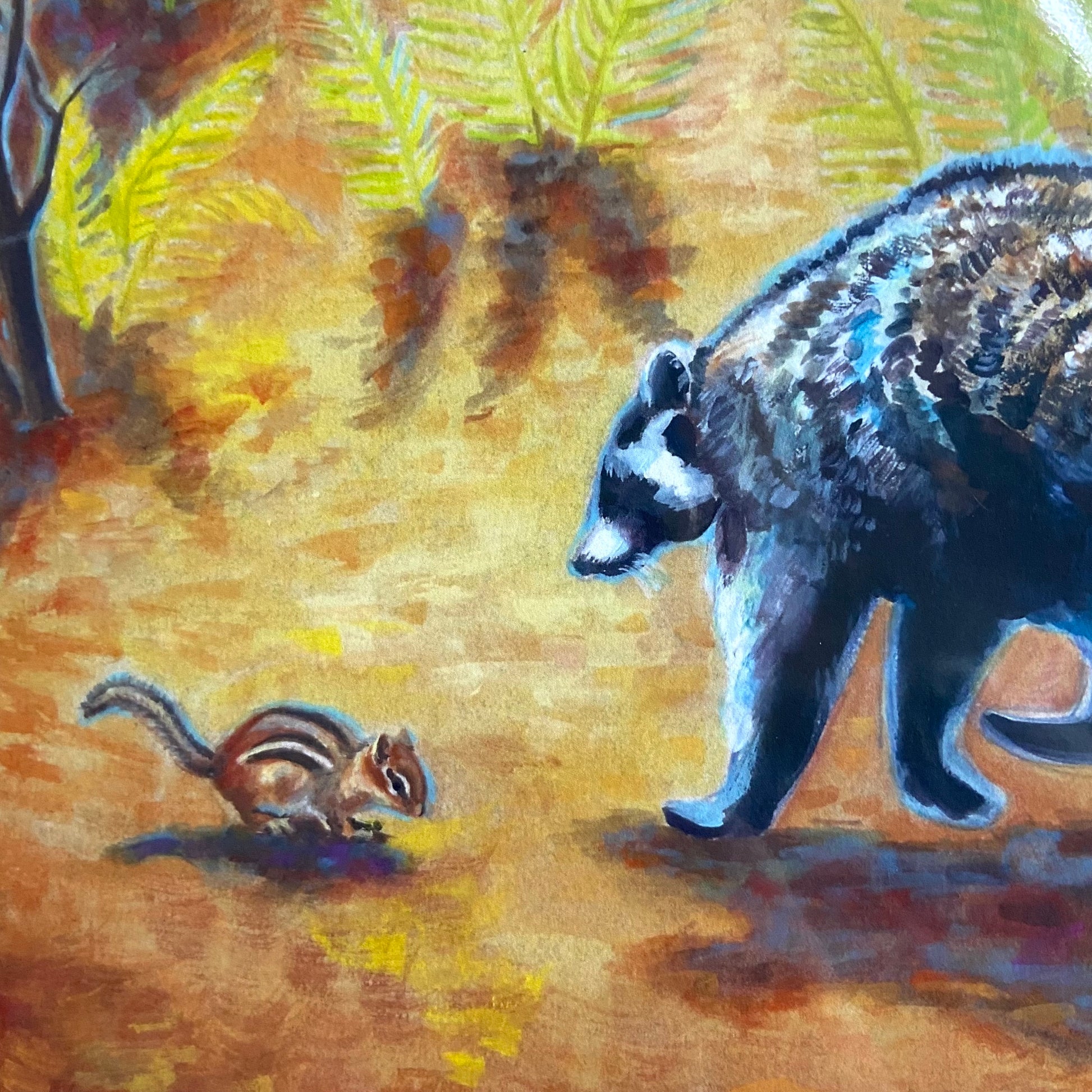 A close detail of the raccoon and chipmunk friends meeting in the forest. Though it is a print, the brush marks from painting can be seen clearly. This vibrant illustration makes great wall art for kid's rooms or the autumn season.