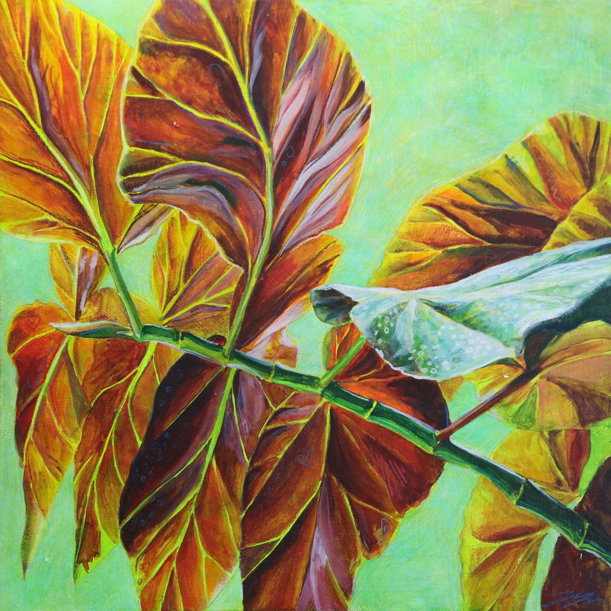 Mixed media painting "Friendship" by artist Jackie Hanson. A spotted angel-wing begonia branch arcs across the panel, showing the red backside of most of its leaves except one curling over to show its spotted green front. The background is a vibrant pale green.