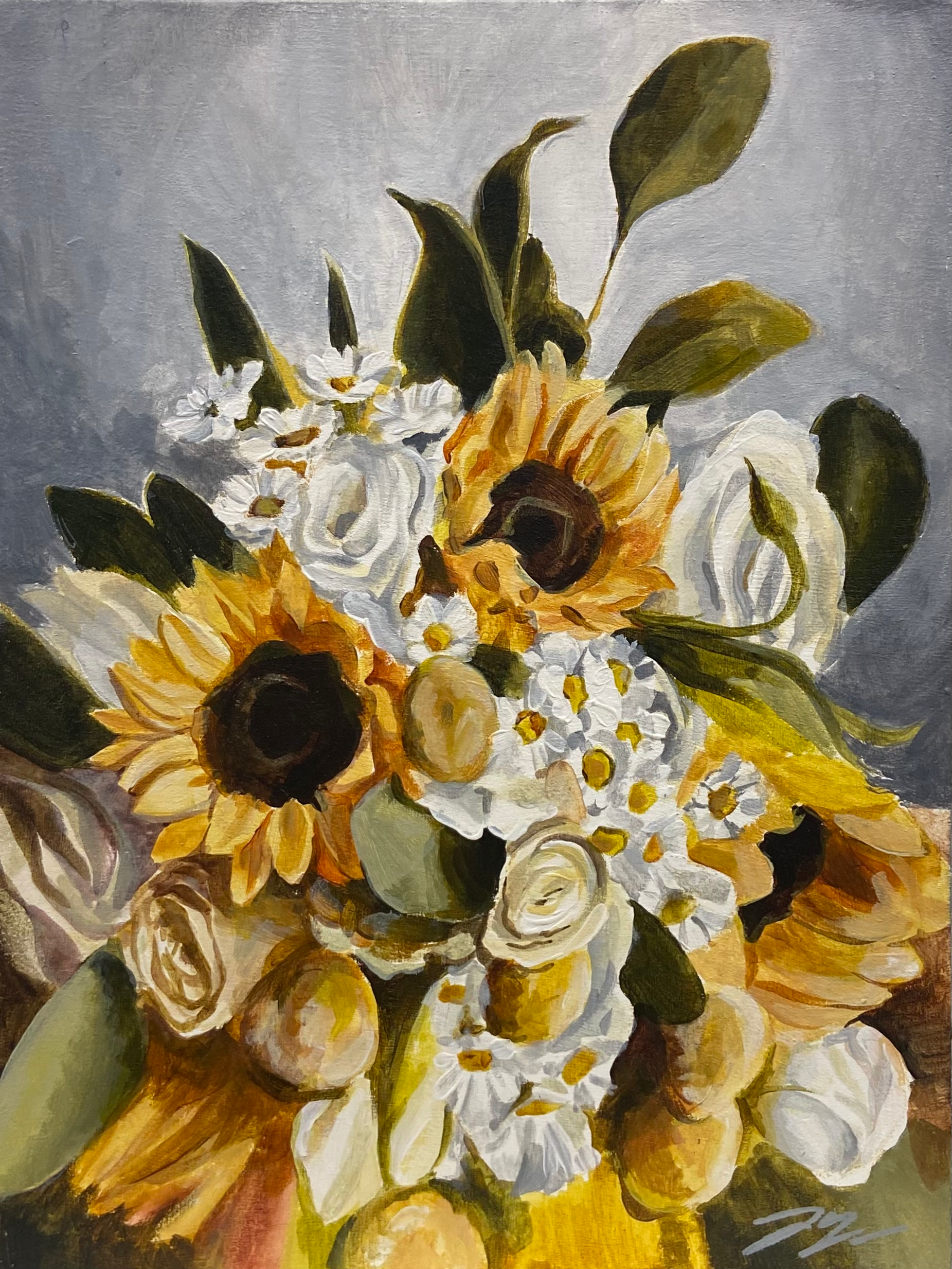 A small acrylic painting of a bouquet with sunflowers, painted in a limited color palette. 