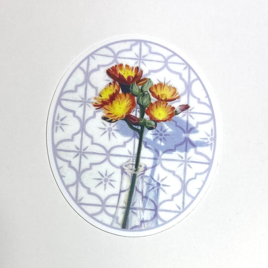 An oval-shaped sticker depicting a painted hawkweed flower in a glass before a tile background. 