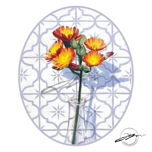 An oval-cropped image of the painting Hawkweed & Tile by Jackie Hanson, with the artist's watermark. 