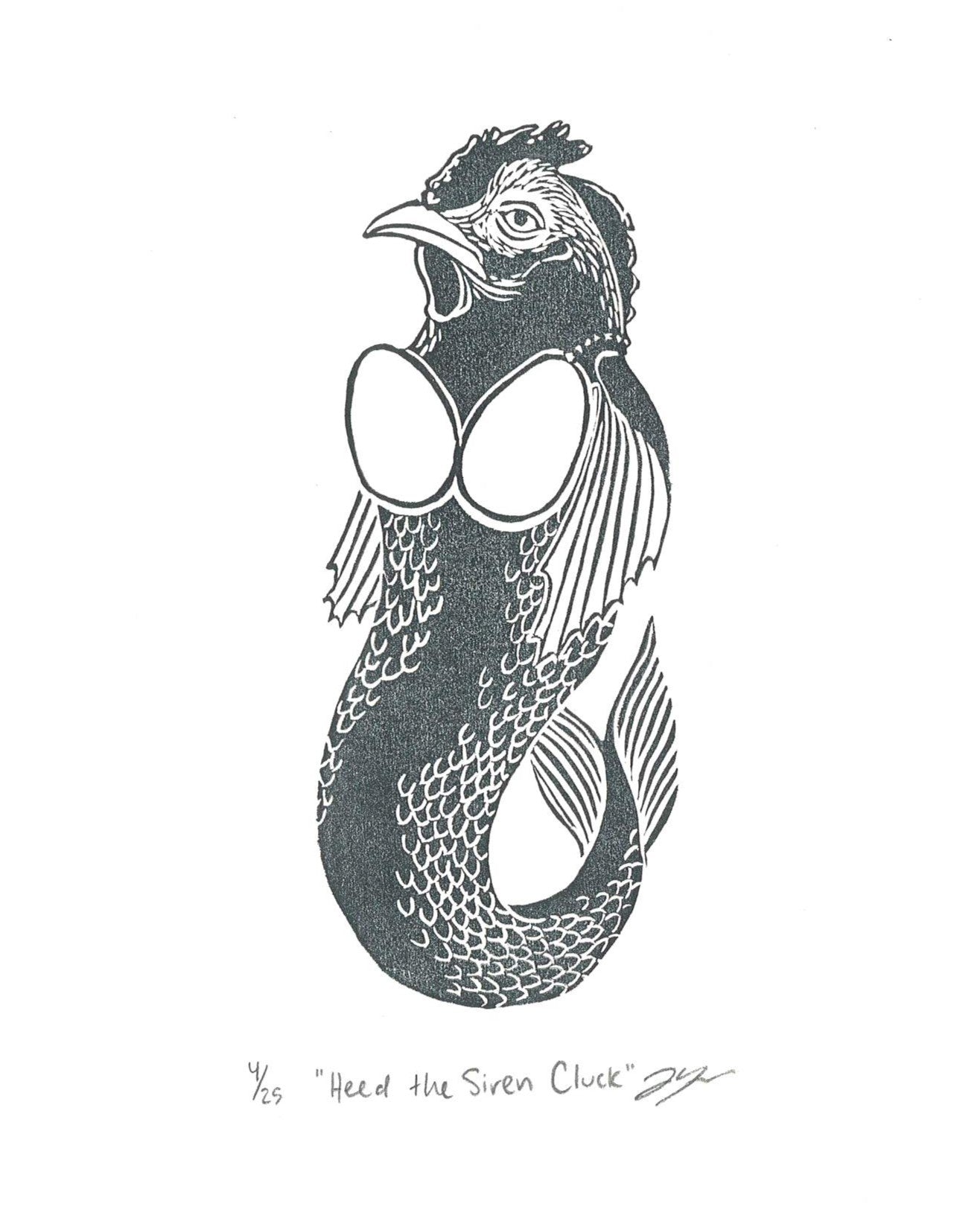 A scanned image of a chicken mermaid relief print, signed and editioned by the artist. 
