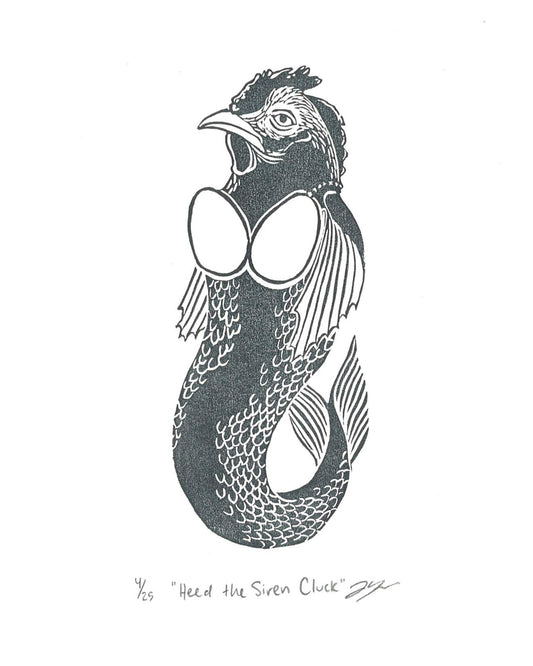 A scanned image of a chicken mermaid relief print, signed and editioned by the artist. 