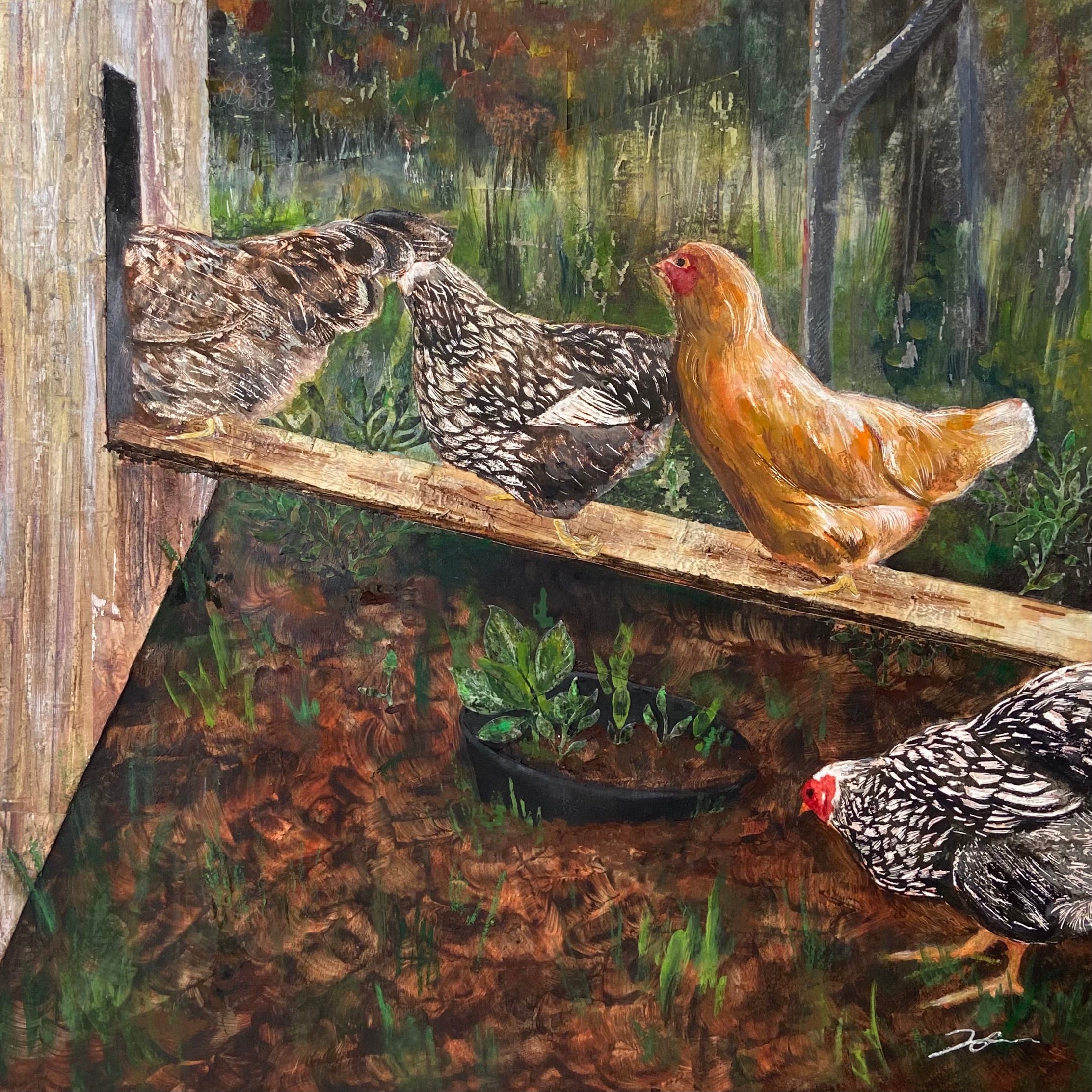A mixed media painting with four hens, two black-and-white and one orange, lined up on a ramp to get into their coop. Dirt and grass are in the background.