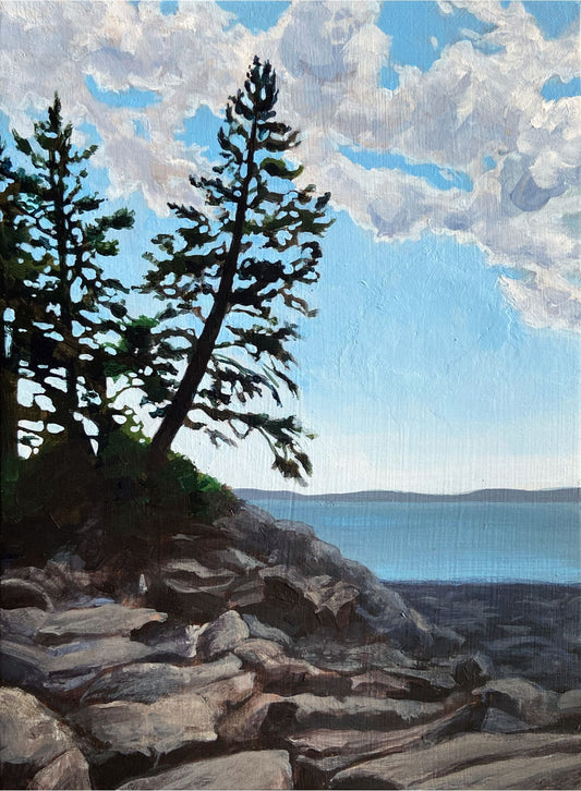 A vertically oriented acrylic painting depicting a couple of pine trees growing among coastal rocks under a blue sky. 