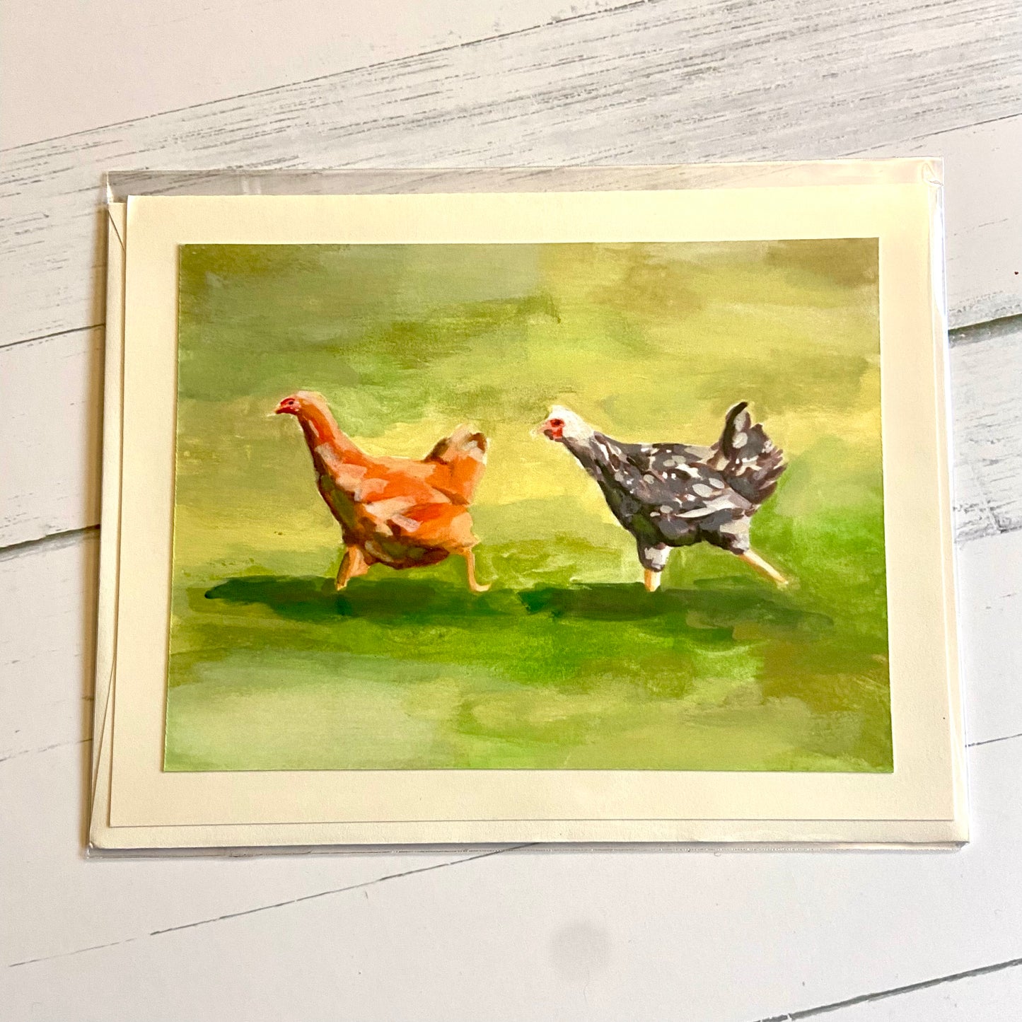 Chicken card: Two Running Hens