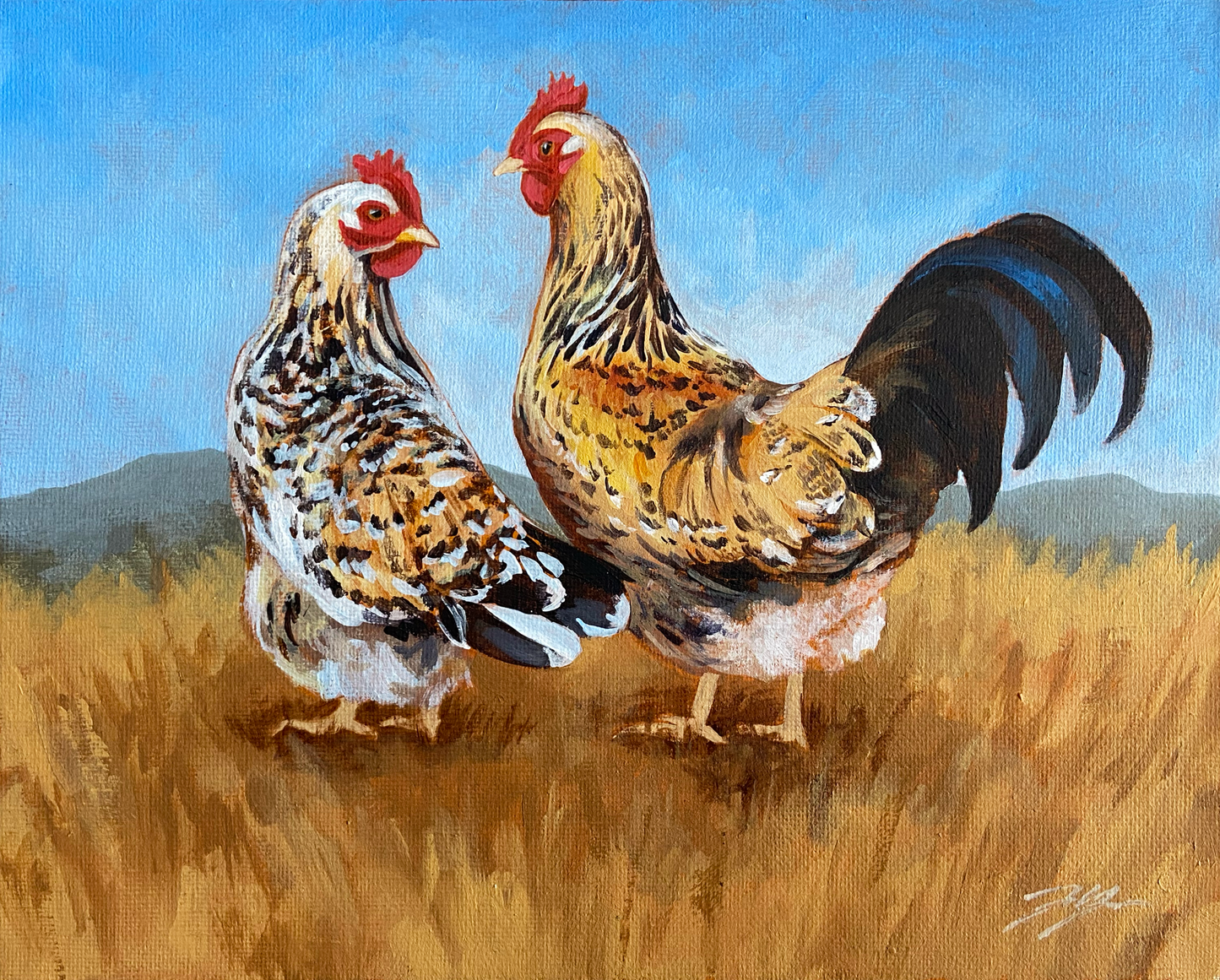 A colorful painting of a hen and a rooster together in a tan field in front of distant mountains and under a bright blue sky. Both chickens have beautiful spotted feathers. 