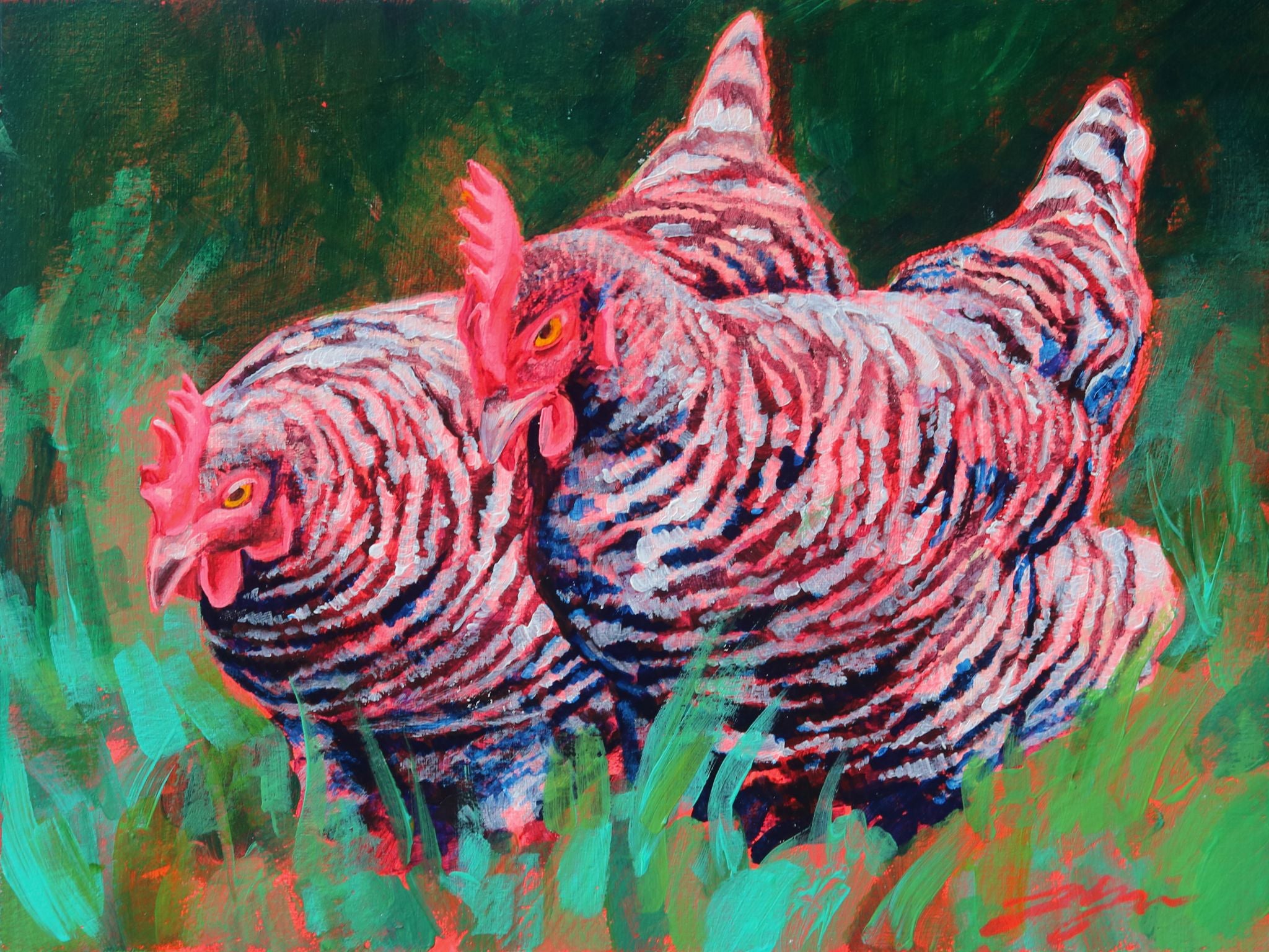 A vibrant painting of two striped hens walking purposefully toward front left. The painting as an obvious neon pink undertone.