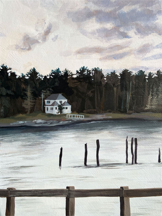 A vertically oriented acrylic landscape painting, showing a white house beside a silvery body of water. The sky is overcast. In the foreground is a wooden fence, and in the water are the remains of an old pier. 