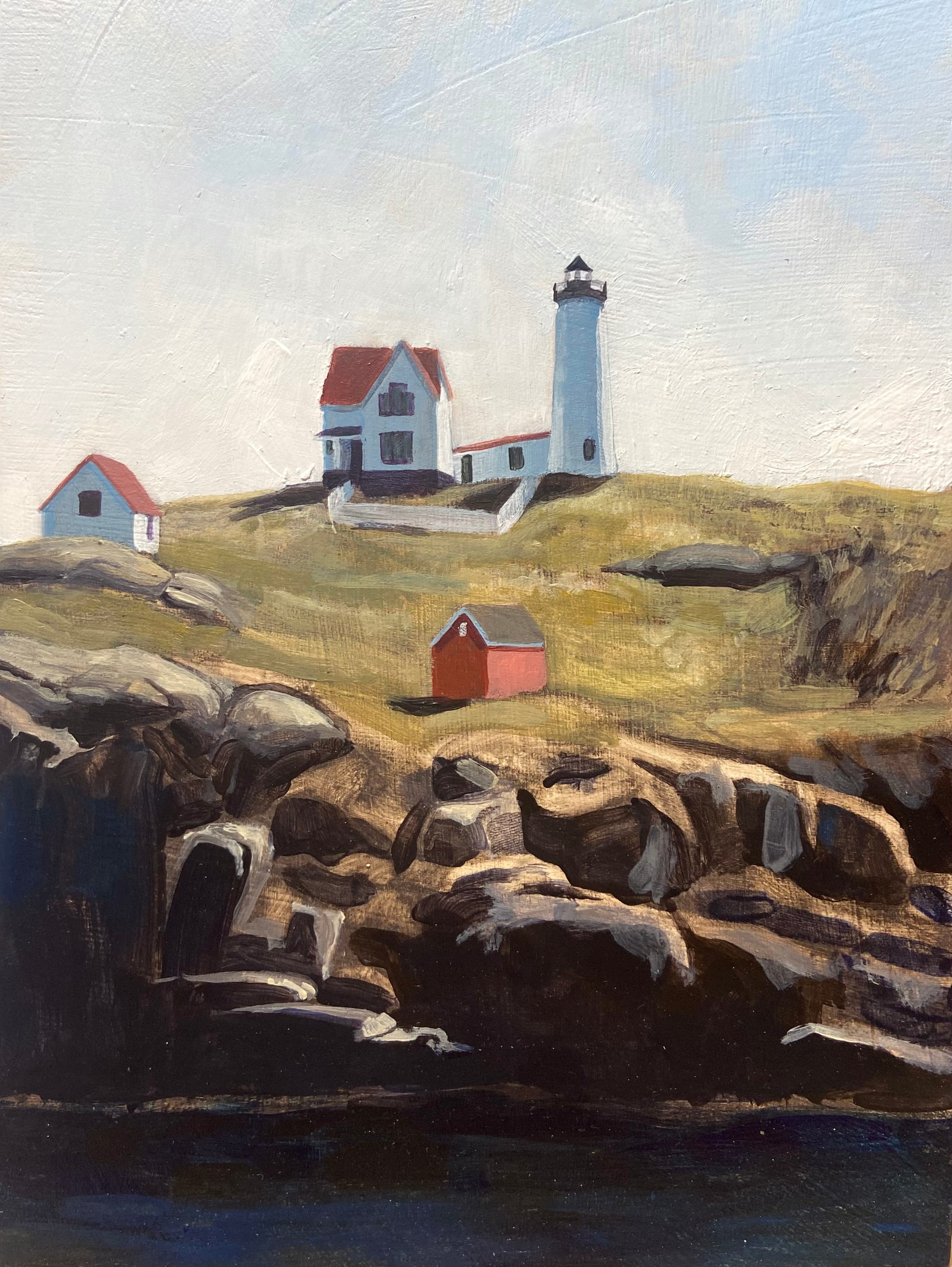 A painting of Nubble Lighthouse in York, Maine. The lighthouse and several other buildings are on an island high above the water on a clear day. 