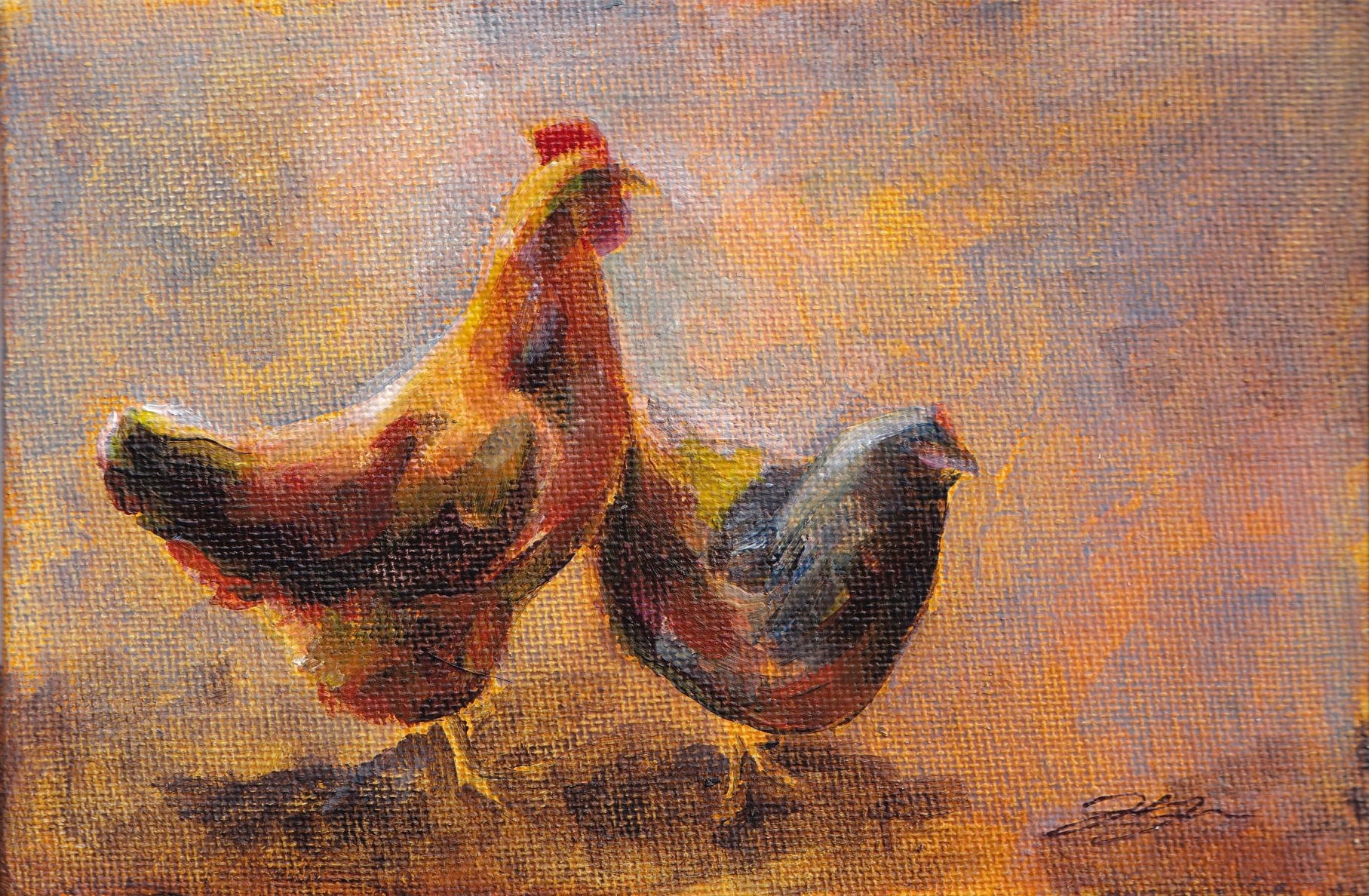 A painting with visible canvas texture of two chickens over a warm, purple/orange background.
