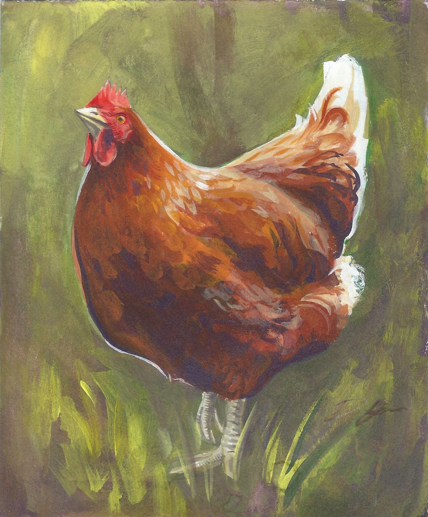 A painting of an orange backyard hen looking up and to the right on a grassy background. 