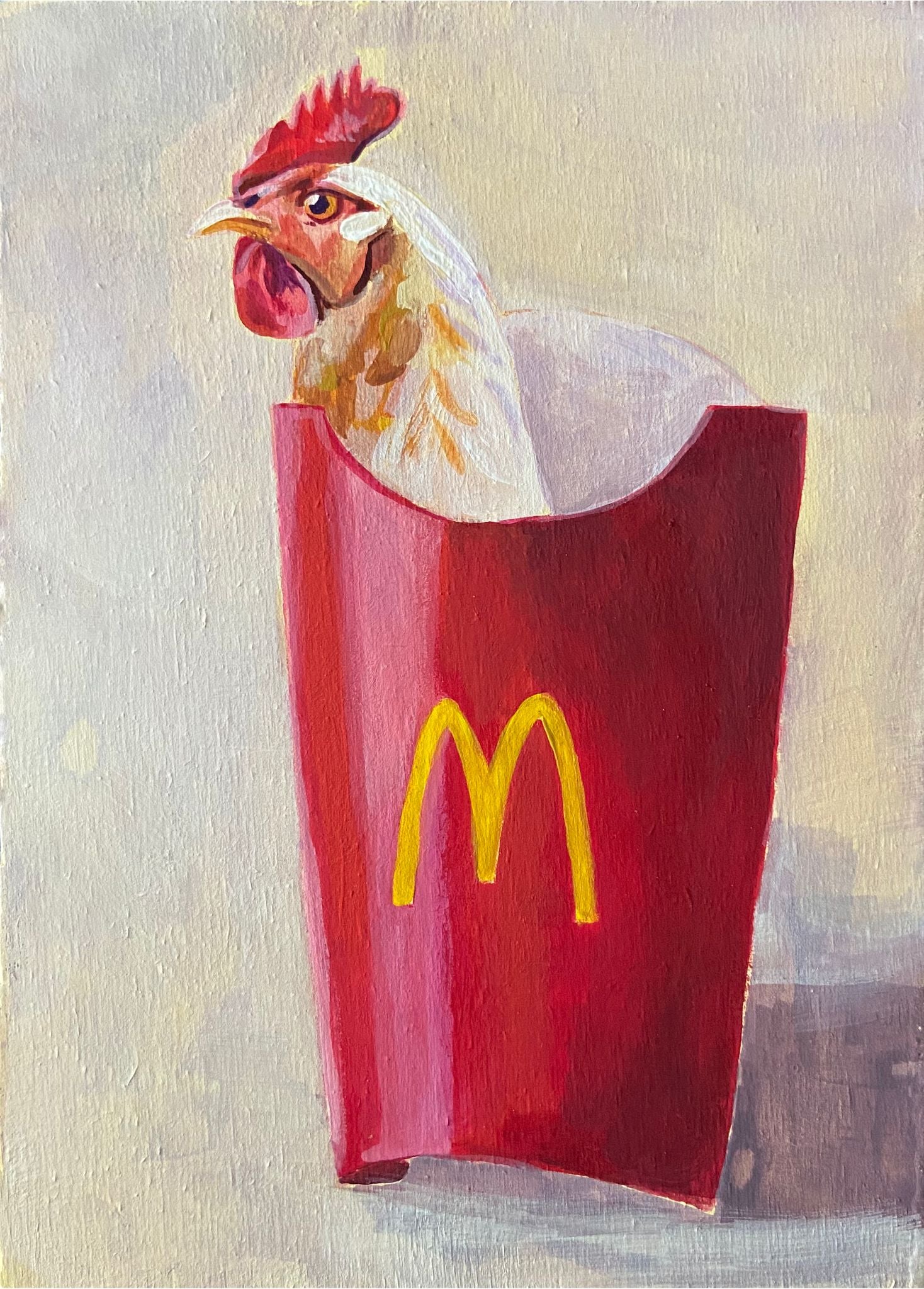 A painting of a rooster's head sticking out of a classic McDonald's red carton. The background is pale, cool yellow.