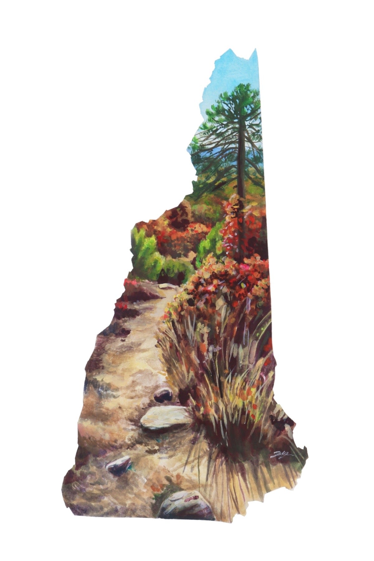 A painting in the shape of New Hampshire showing a dirt path in fall. A tall pine tree is down the path a bit. 