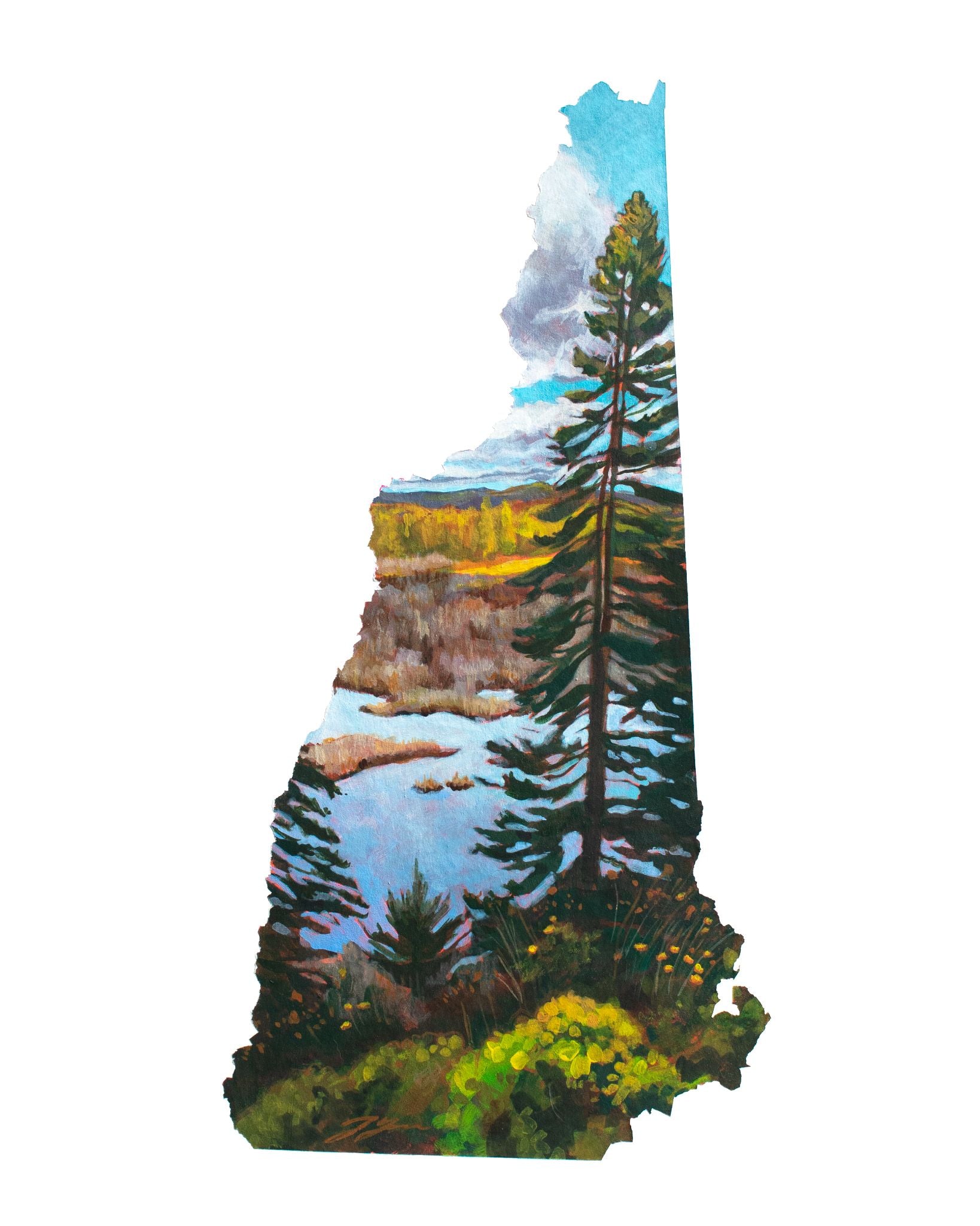 A painting of a tall pine tree in front of a marsh with fall colors, in the shape of New Hampshire. 