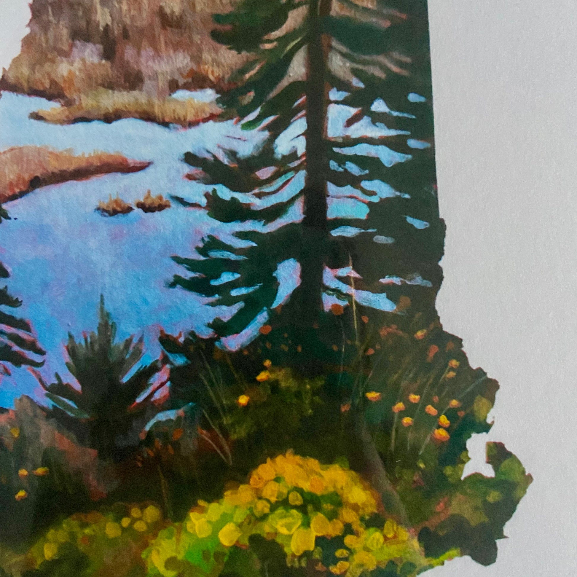 A detail shot of a print of my painting, New Hampshire IV. Depicted is a painting in the shape of the state of New Hampshire with a tall pine tree in front of a marsh and fall foliage. The image is on a white background. 