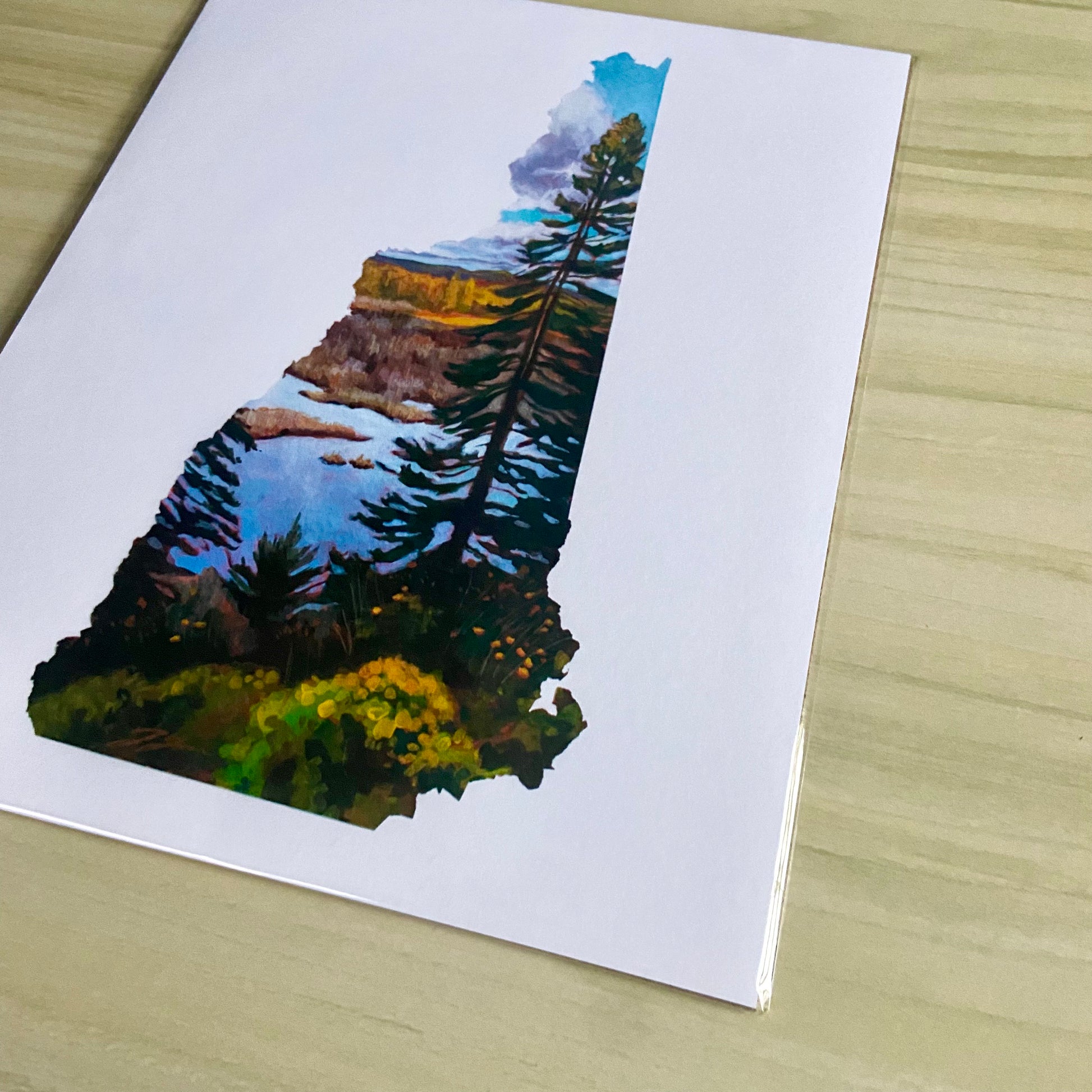 An angled view of a print of my painting, New Hampshire IV. Depicted is a painting in the shape of the state of New Hampshire with a tall pine tree in front of a marsh and fall foliage. The image is on a white background. 