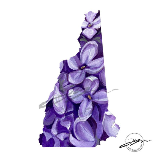A watermarked image of a purple lilac painting in the shape of New Hampshire. 