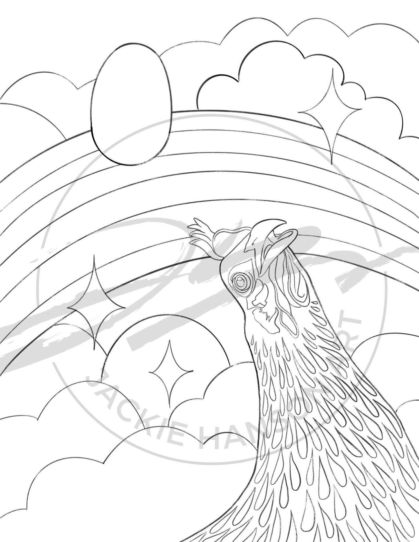 A sample look at a coloring page of a chicken before a sky with clouds and a rainbow. The logo or Jackie Hanson Art is overlaid. 