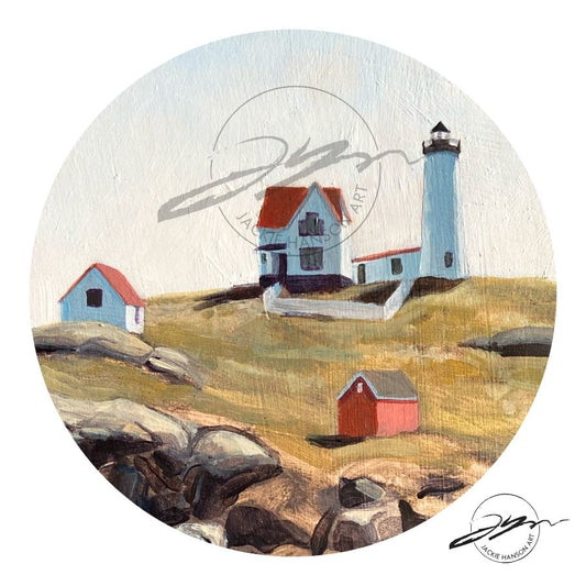 A round-cropped image of my painting, Nubble Light, with a watermark. Nubble Lighthouse is located in York, Maine.