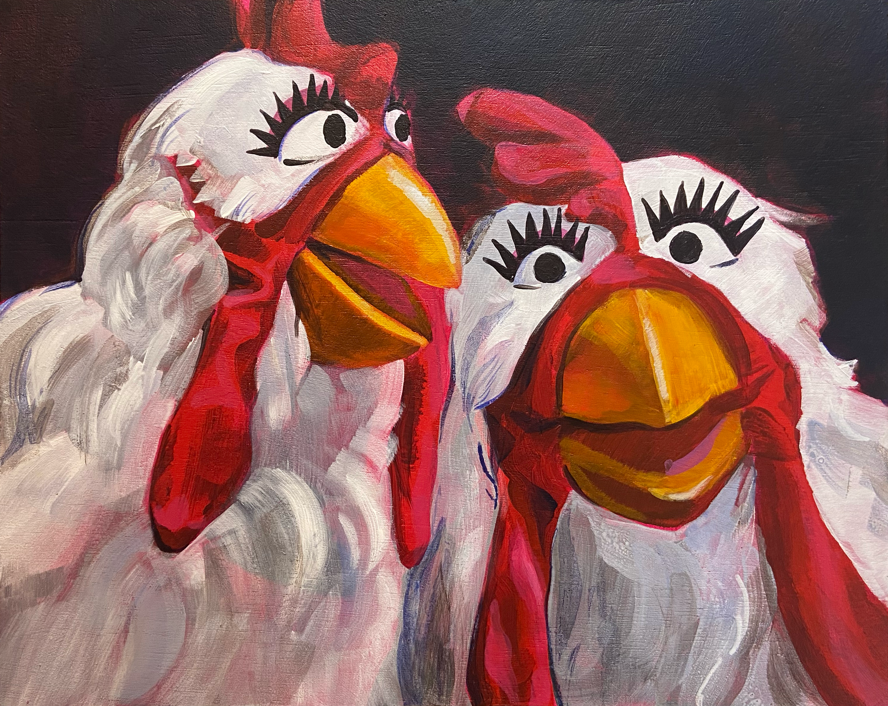 A painting of two chicken puppets, recognizable as Camilla and the Chickens from the Muppets. They have white feathers, orange beaks, red combs, and long black eyelashes. The background is flat black. 