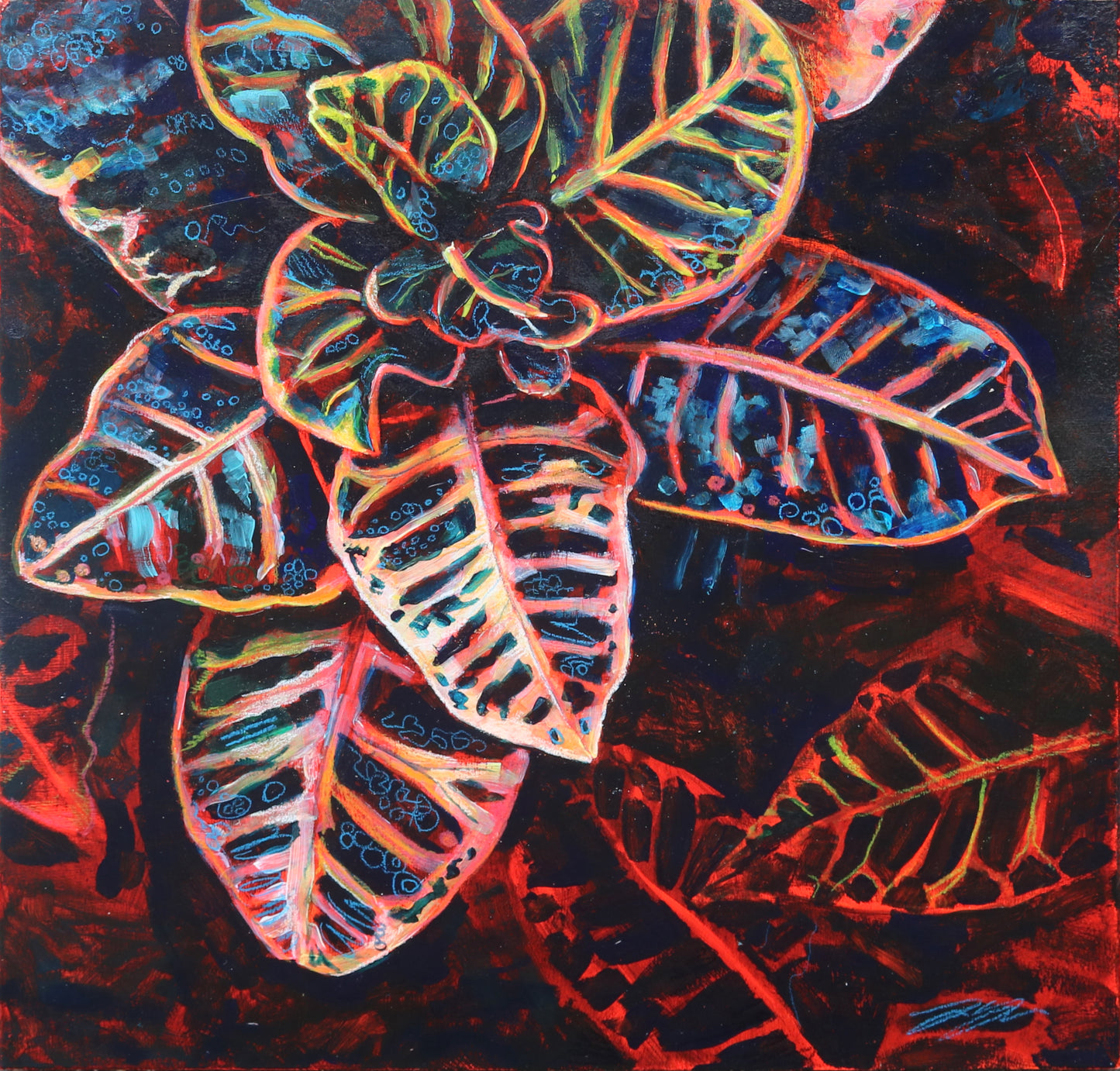 A dark yet vibrant painting of a croton houseplant in primary colors.