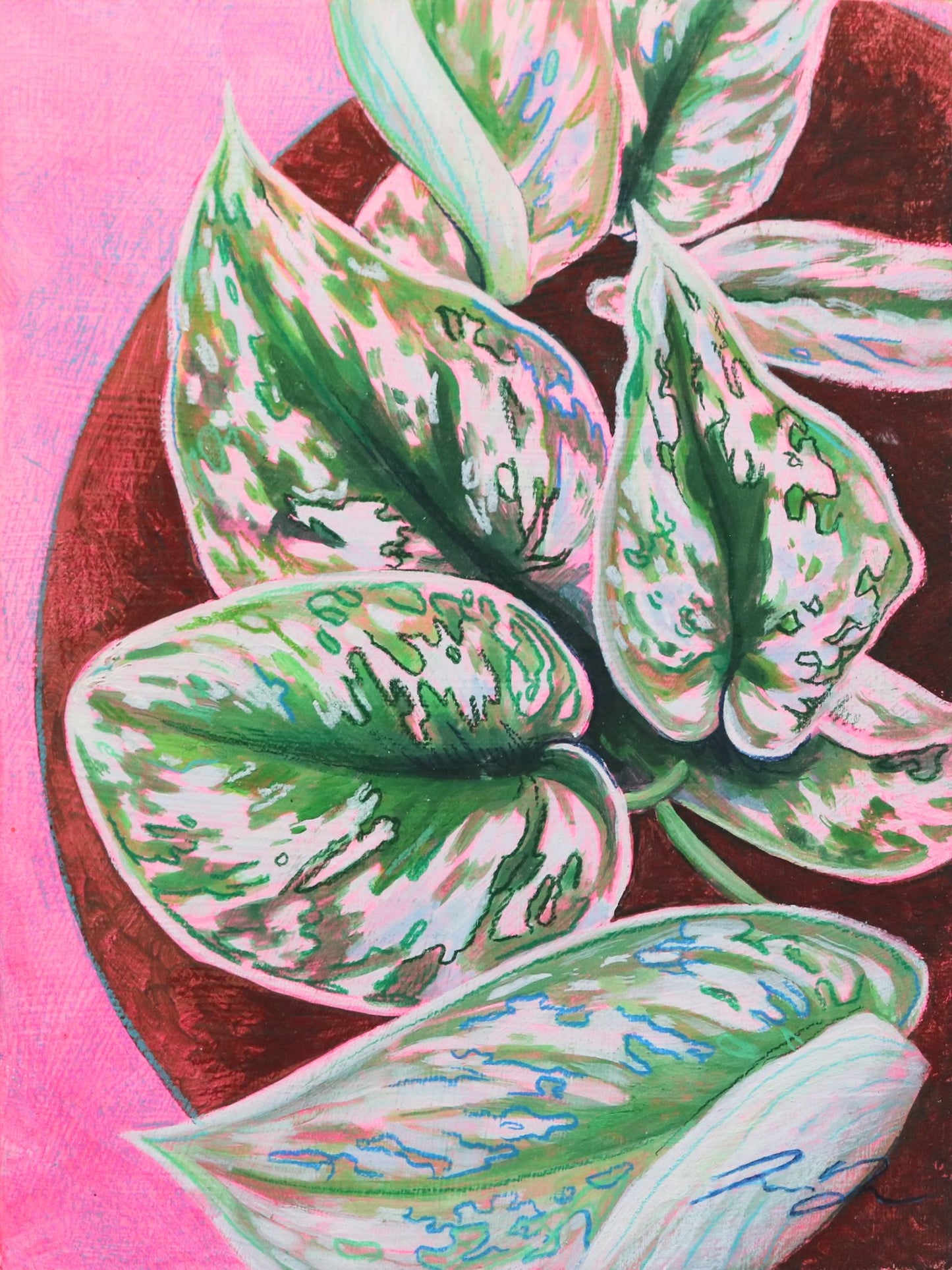 Mixed media painting "Pink Pothos" by artist Jackie Hanson. The painting is a cropped view of variegated houseplant leaves with drawn details in colored pencil. The background is brown and pink.