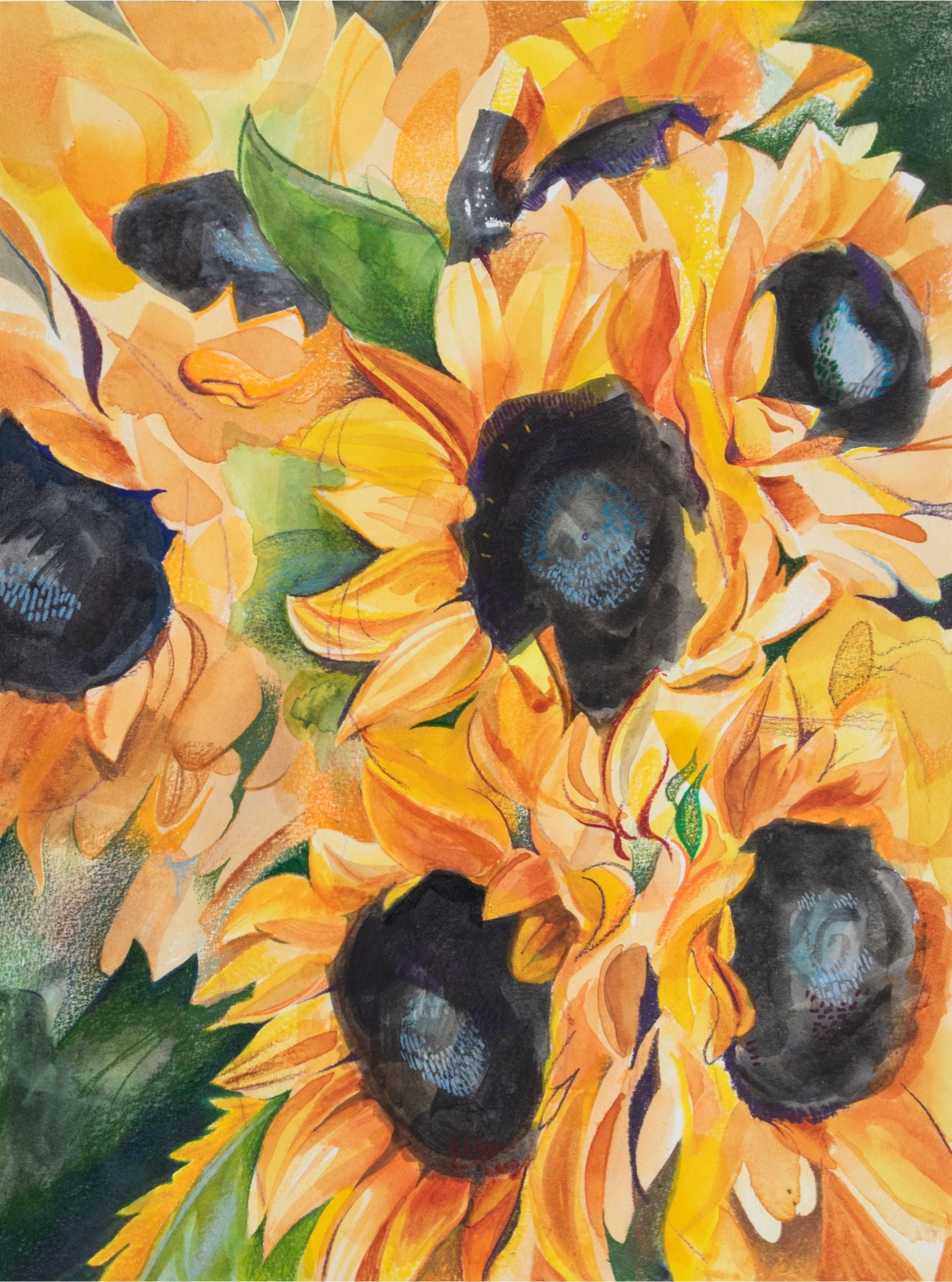 A mixed-media (mostly watercolor) painting of vibrant yellow sunflowers, close-up. The painting has fluid marks and penciled-in texture details. 