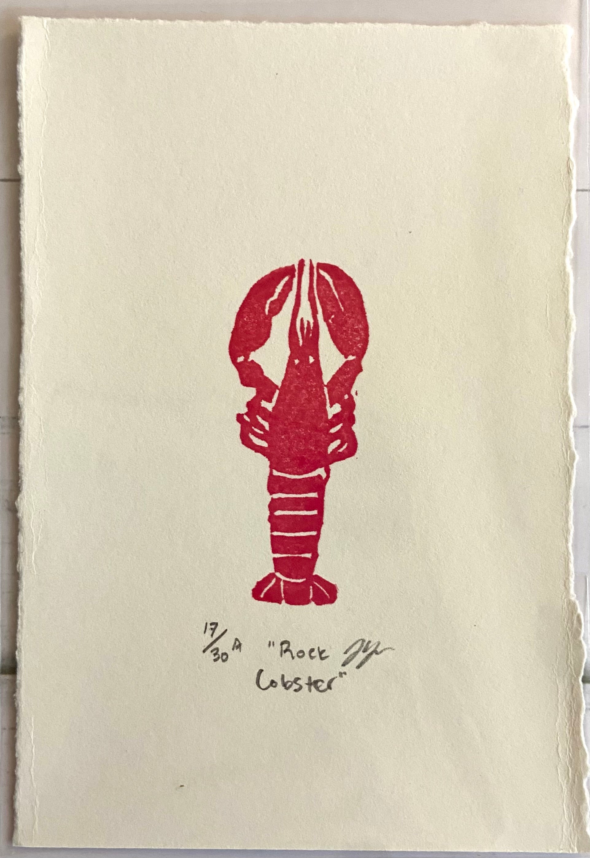 A handmade print of a red lobster, claws at top and tail down. Eraser prints are made by carving a pink eraser and stamping it. The artwork is titled "Rock Lobster", signed and editioned.