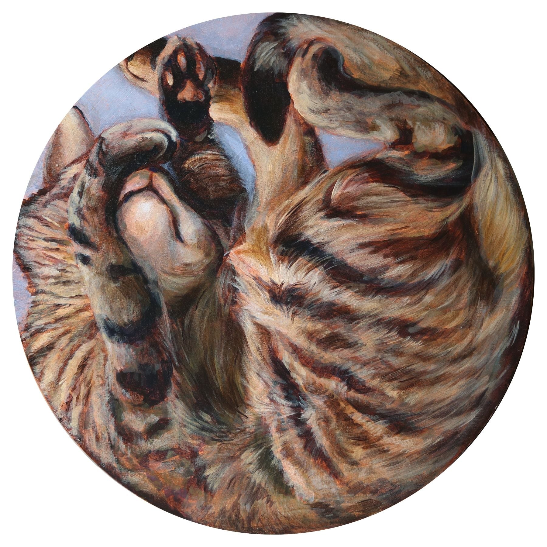 A circular painting of a striped cat laying with its back curled around the round edge of the panel. She is covering her eyes with a paw. 