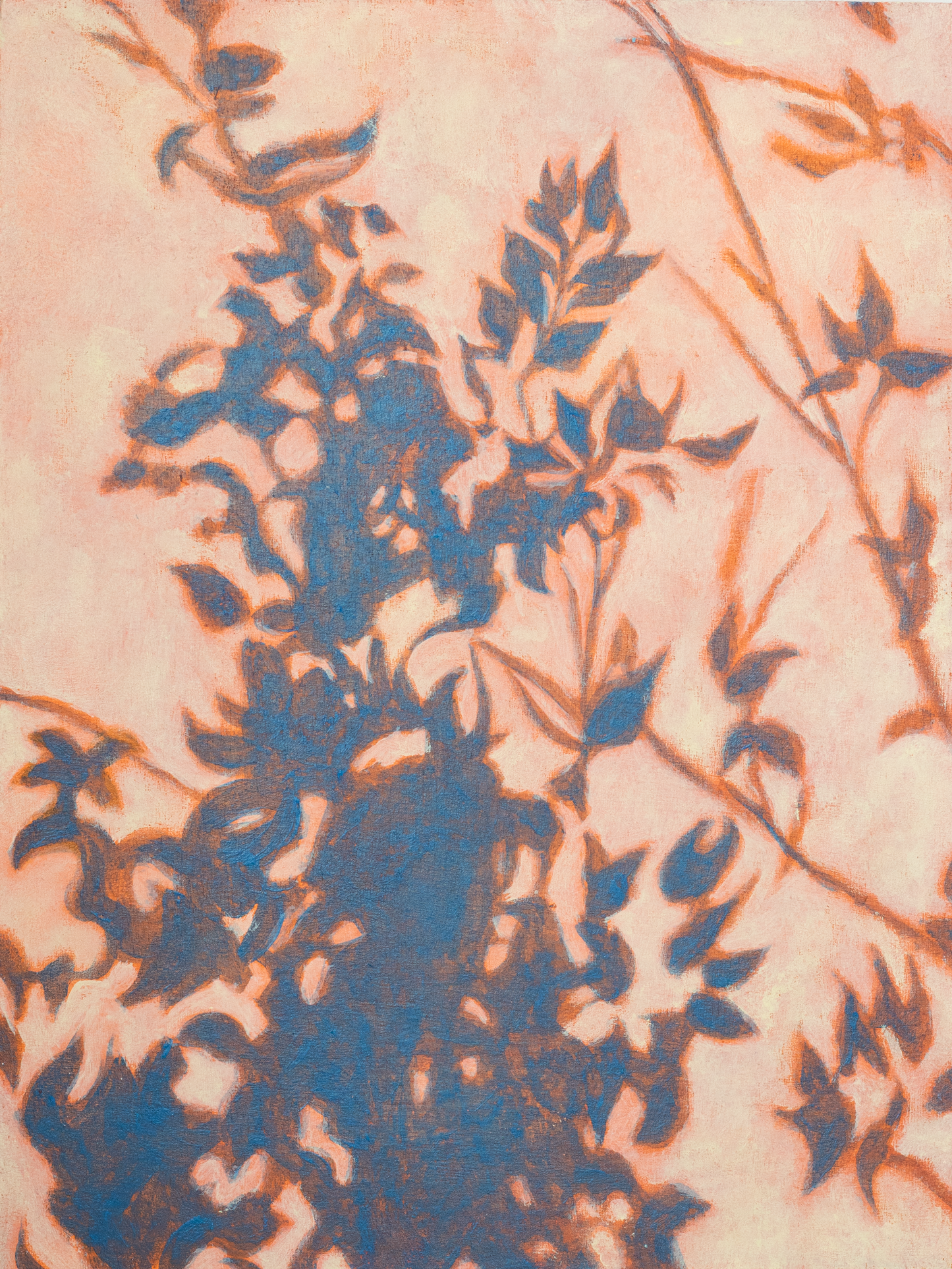 A painting of blue leafy-shaped shadows on a pale orange surface. The image is cropped to the edges of the artwork.