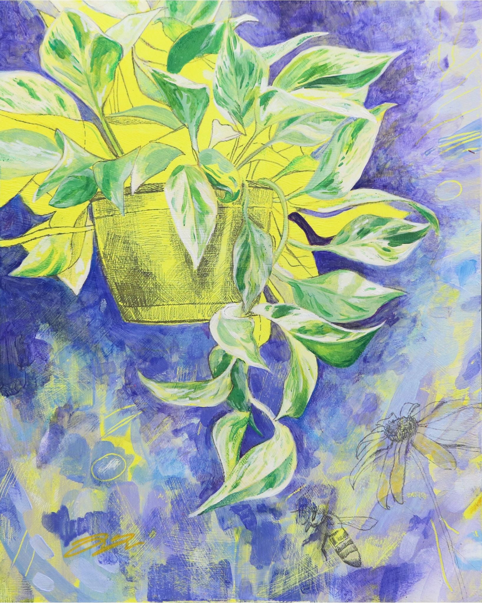 Mixed media painting "Sketchy Pothos" by artist Jackie Hanson. A hanging variegated pothos plant is partially painted in full color and partially drawn in graphite on a yellow ground. The background is painted abstractly with blue-violet and there is a graphite drawing of a bee and a flower in the bottom right corner.