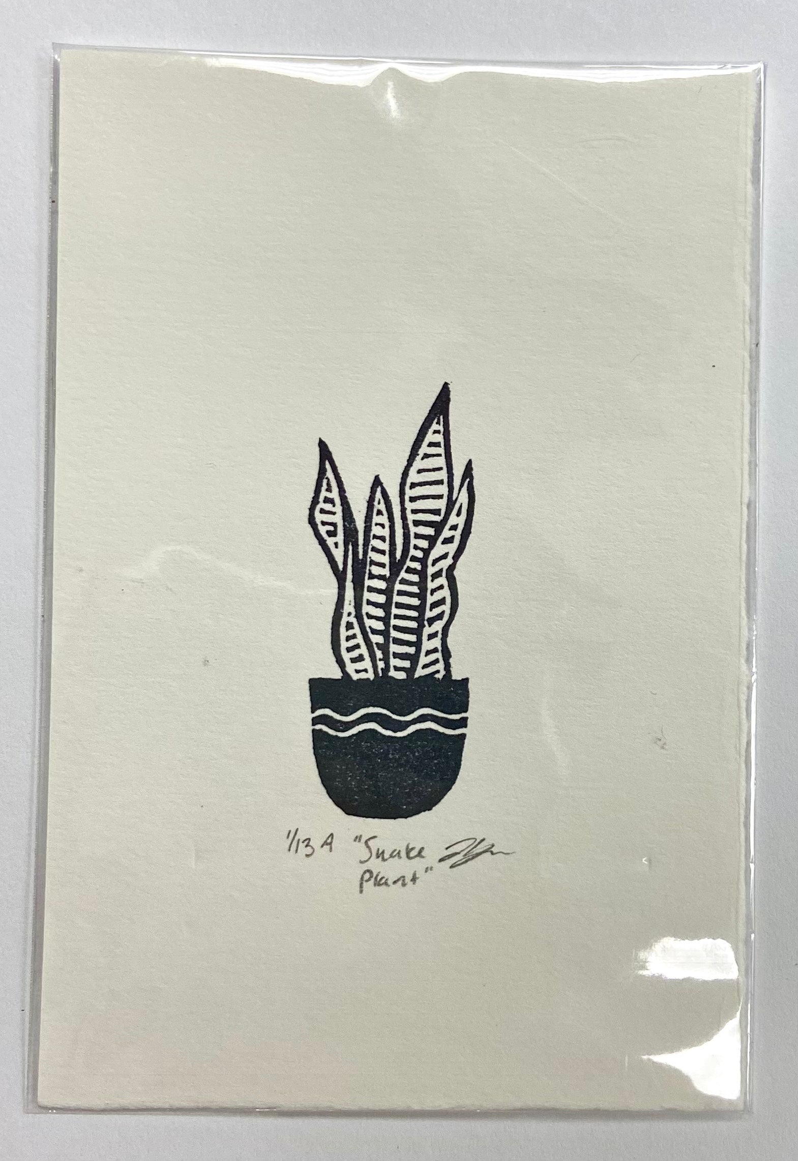 A black and white, graphic style relief print of a snake plant. The print is made by hand with a carved eraser and is numbered, signed and titled. 