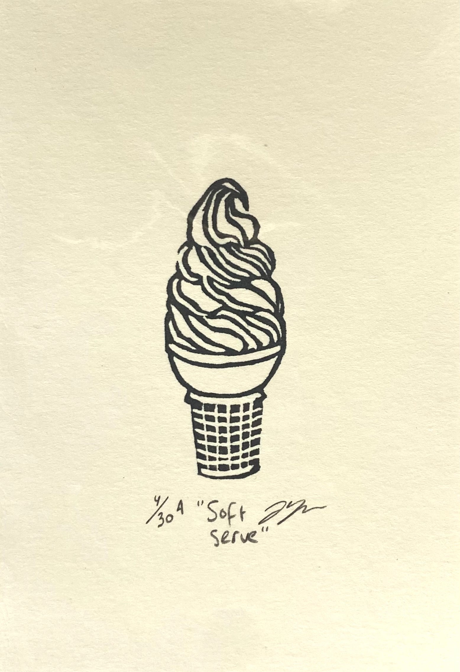 A graphic black-and-white handprinted image of a swirled ice cream cone, made form a carved eraser. The print is signed, numbered and titled in pencil.