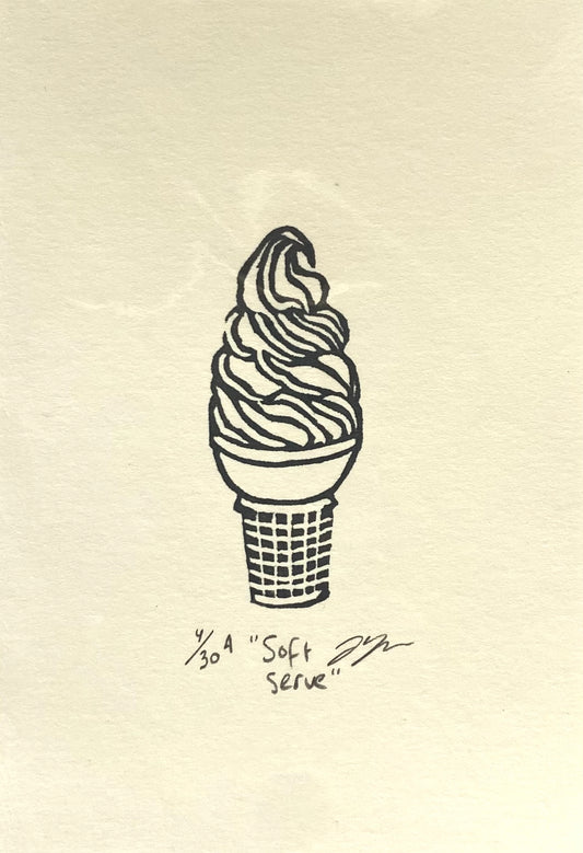 A graphic black-and-white handprinted image of a swirled ice cream cone, made form a carved eraser. The print is signed, numbered and titled in pencil. 