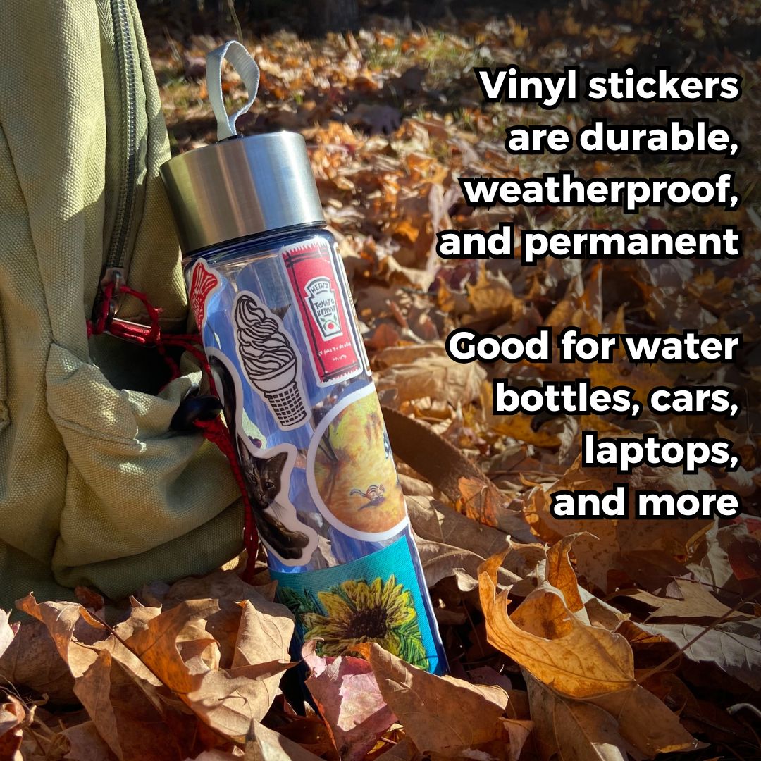 A blue water bottle sits on the ground among fall leaves, leaning on a backpack. White text on the right reads, "Vinyl stickers are durable, waterproof, and permanent. Good for water bottles, cars, laptops, and more."