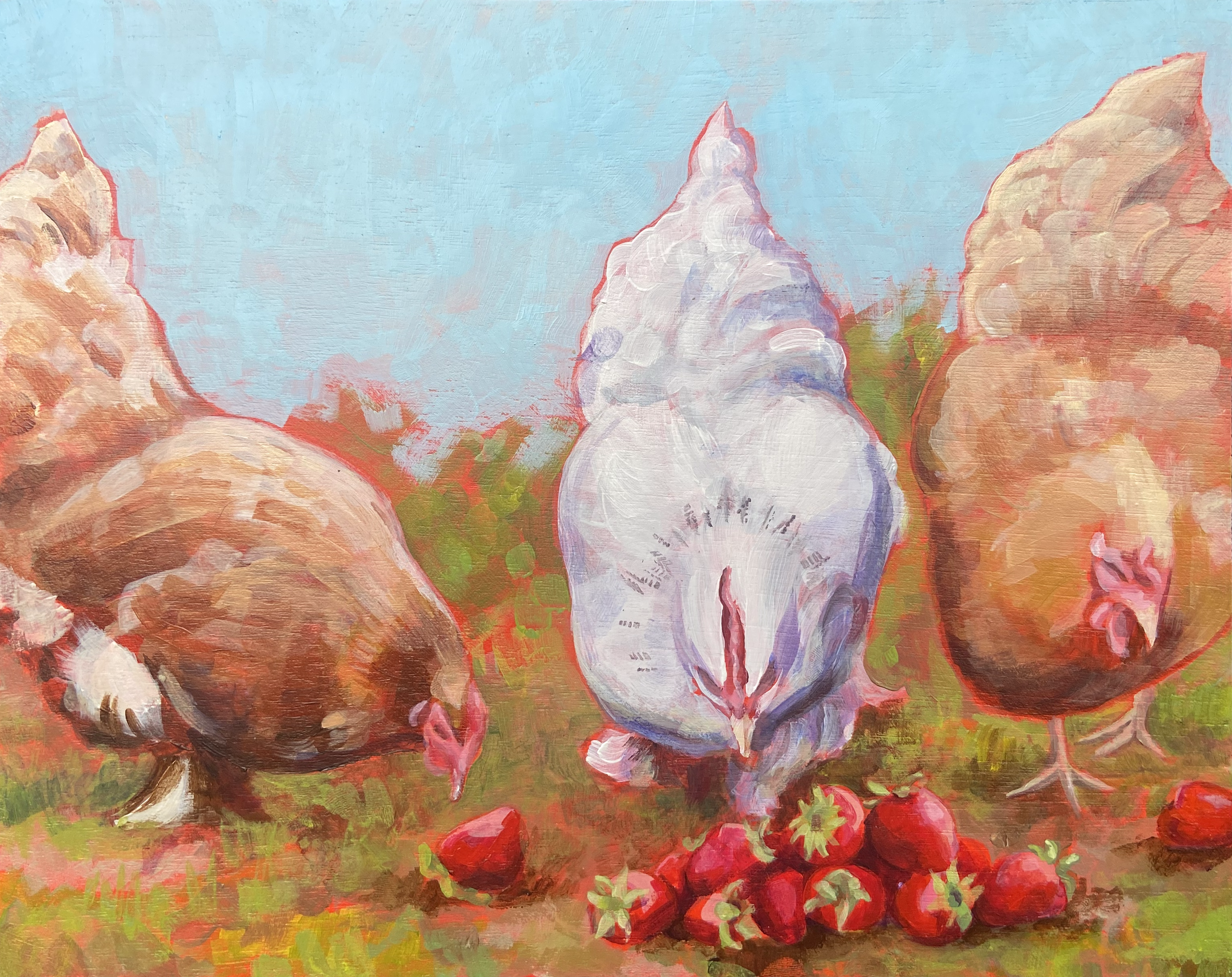 A painterly piece of artwork titled Strawberry Hens. Shown are three hens, two red flanking one white, all examining a pile of ripe strawberries. The painting has a warm, pinkish feel.